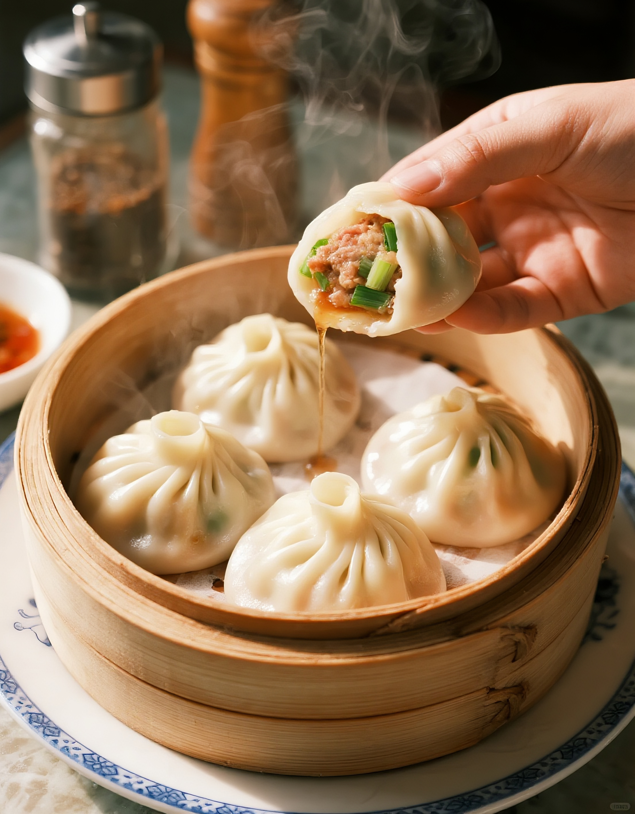 一笼猪肉大葱小笼包图片素材