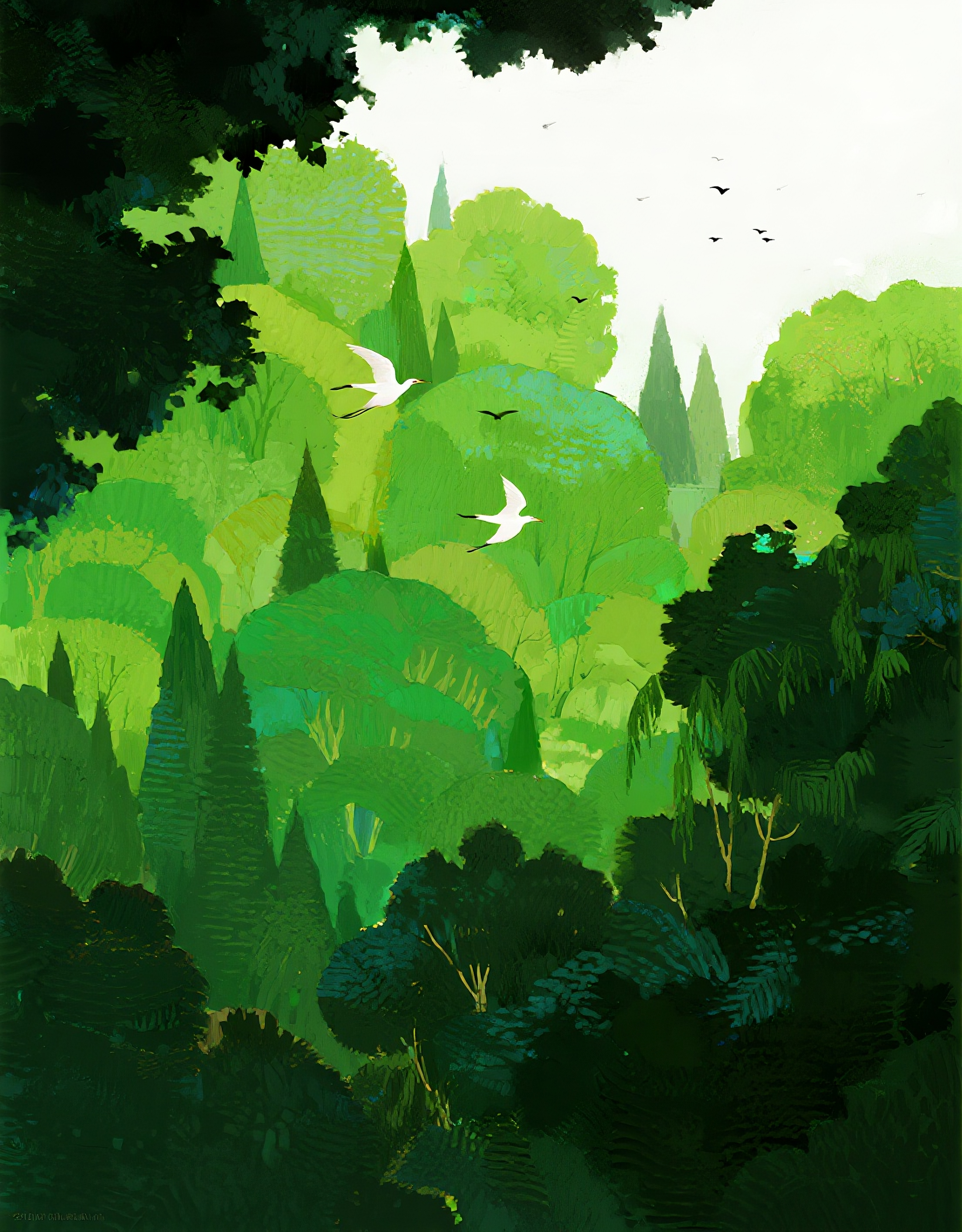 高清水彩绿色树林插画图片素材