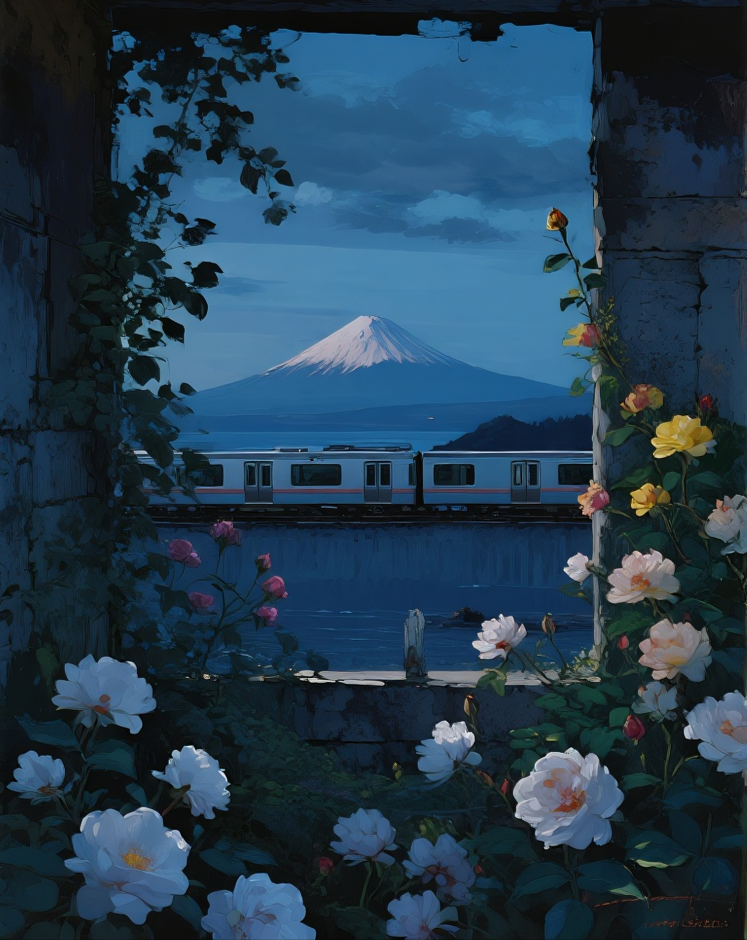 蔷薇墙窗外富士山图片素材
