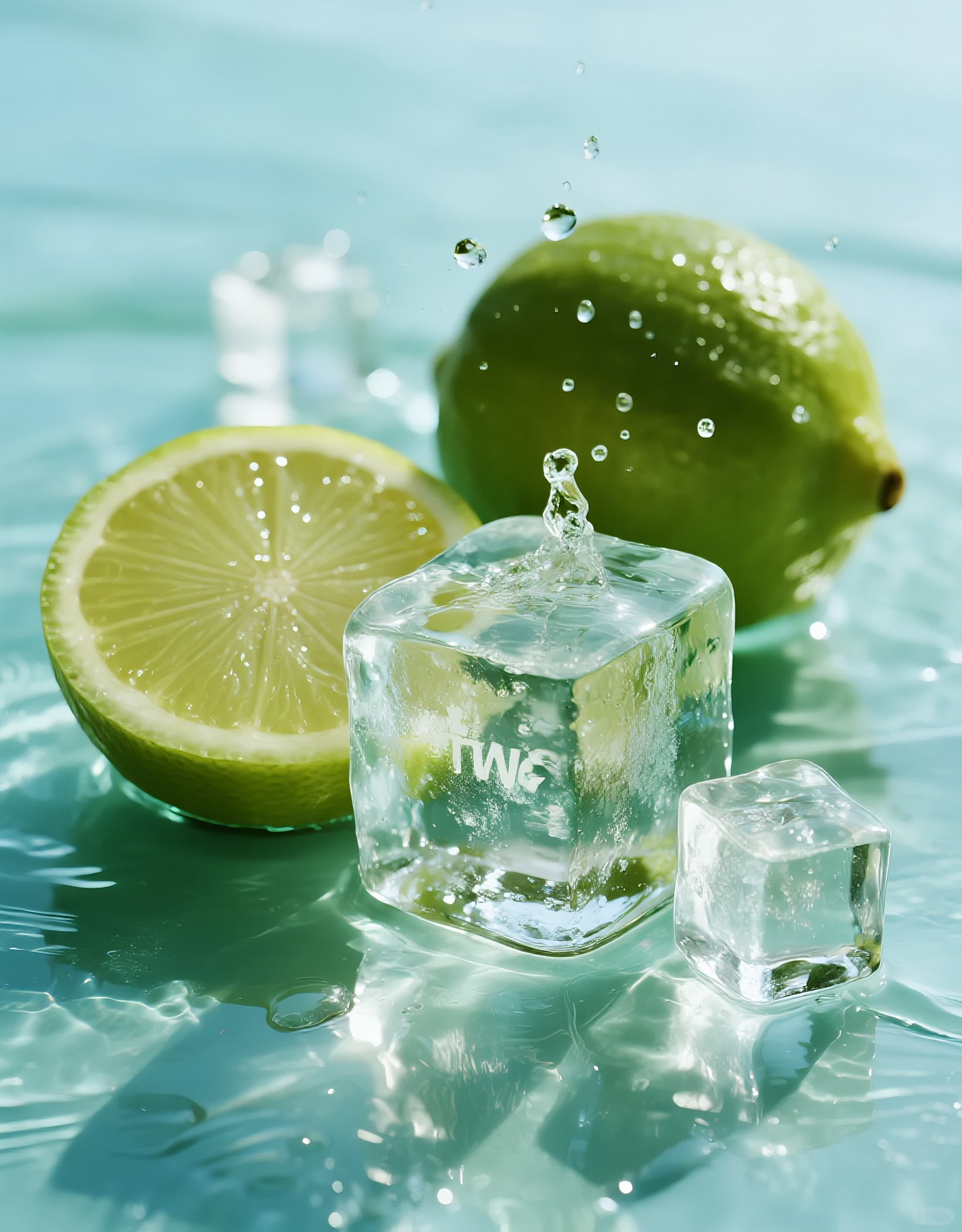 水中青柠檬冰块图片素材