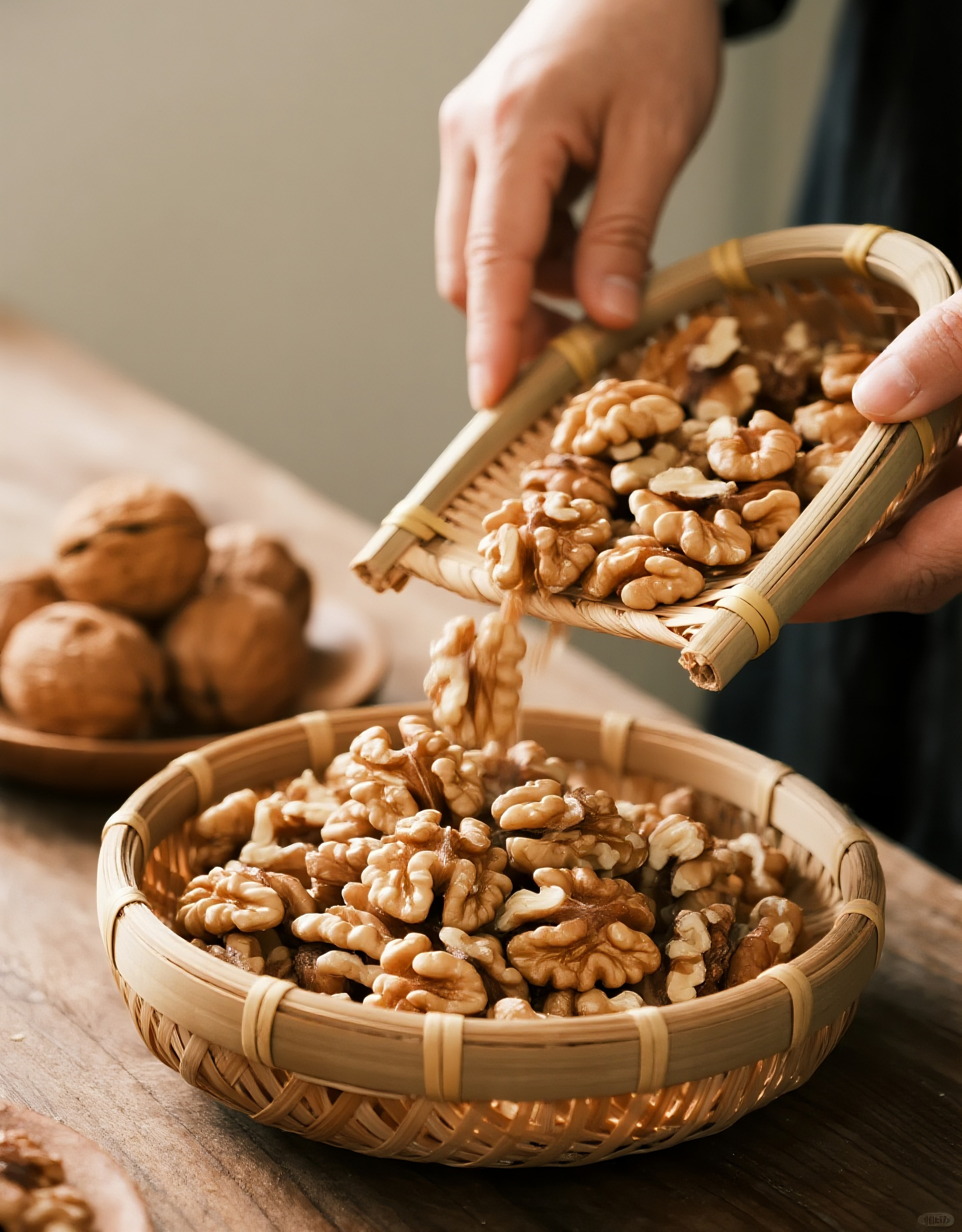竹篮子里的原味纯核桃仁图片素材