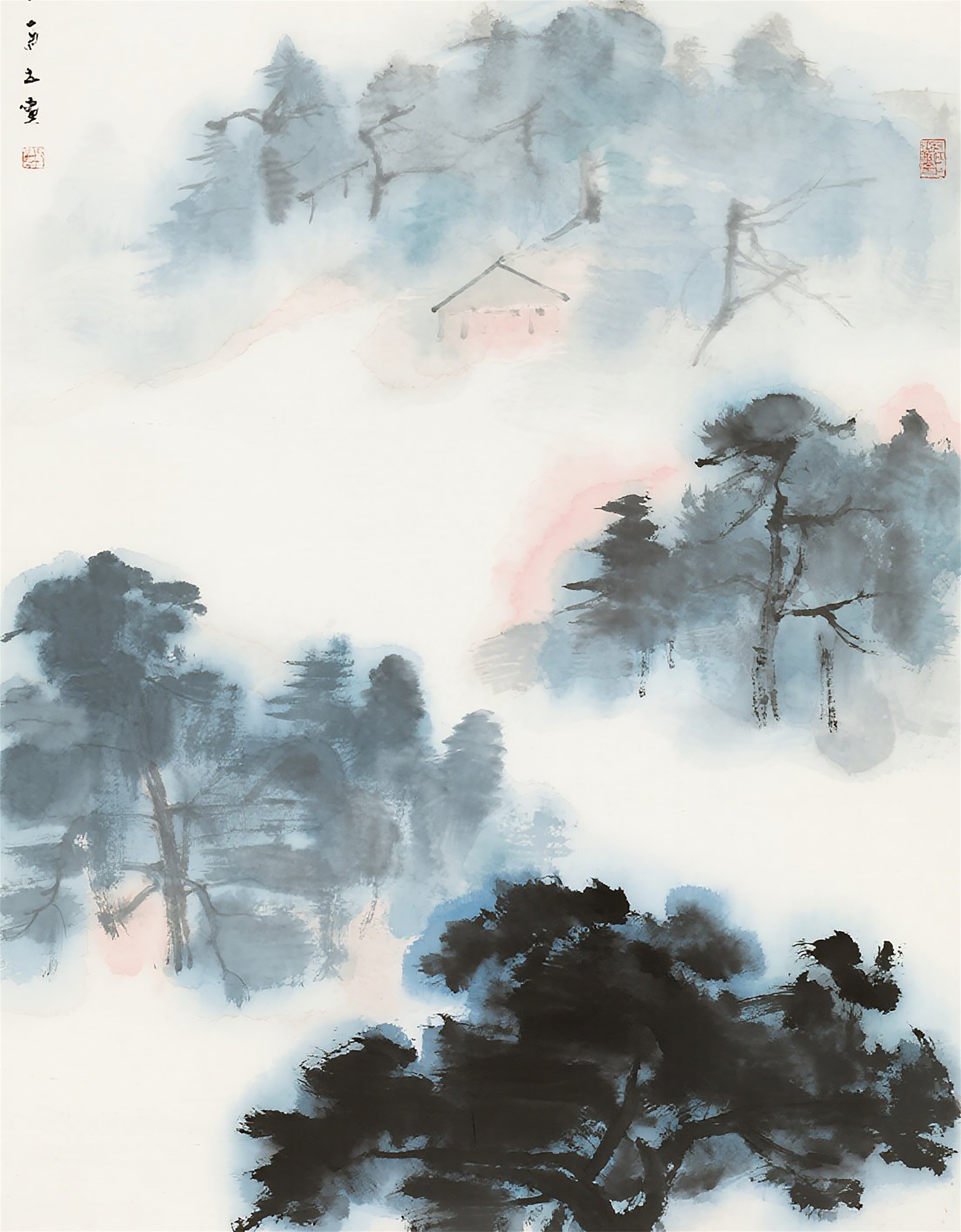 水墨早晨朦胧树林风景画图片素材