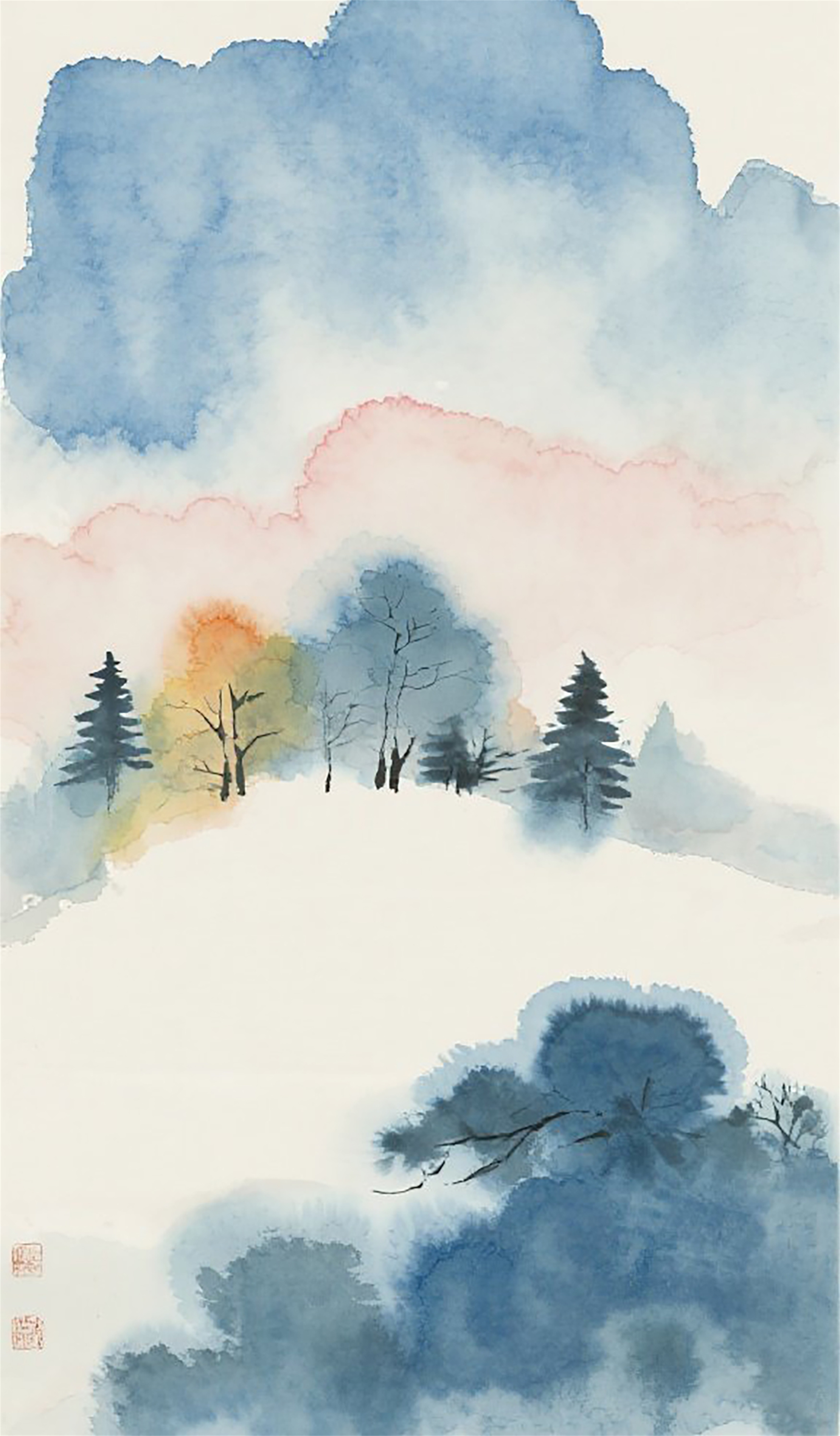 水墨早晨朦胧树林插画图片素材