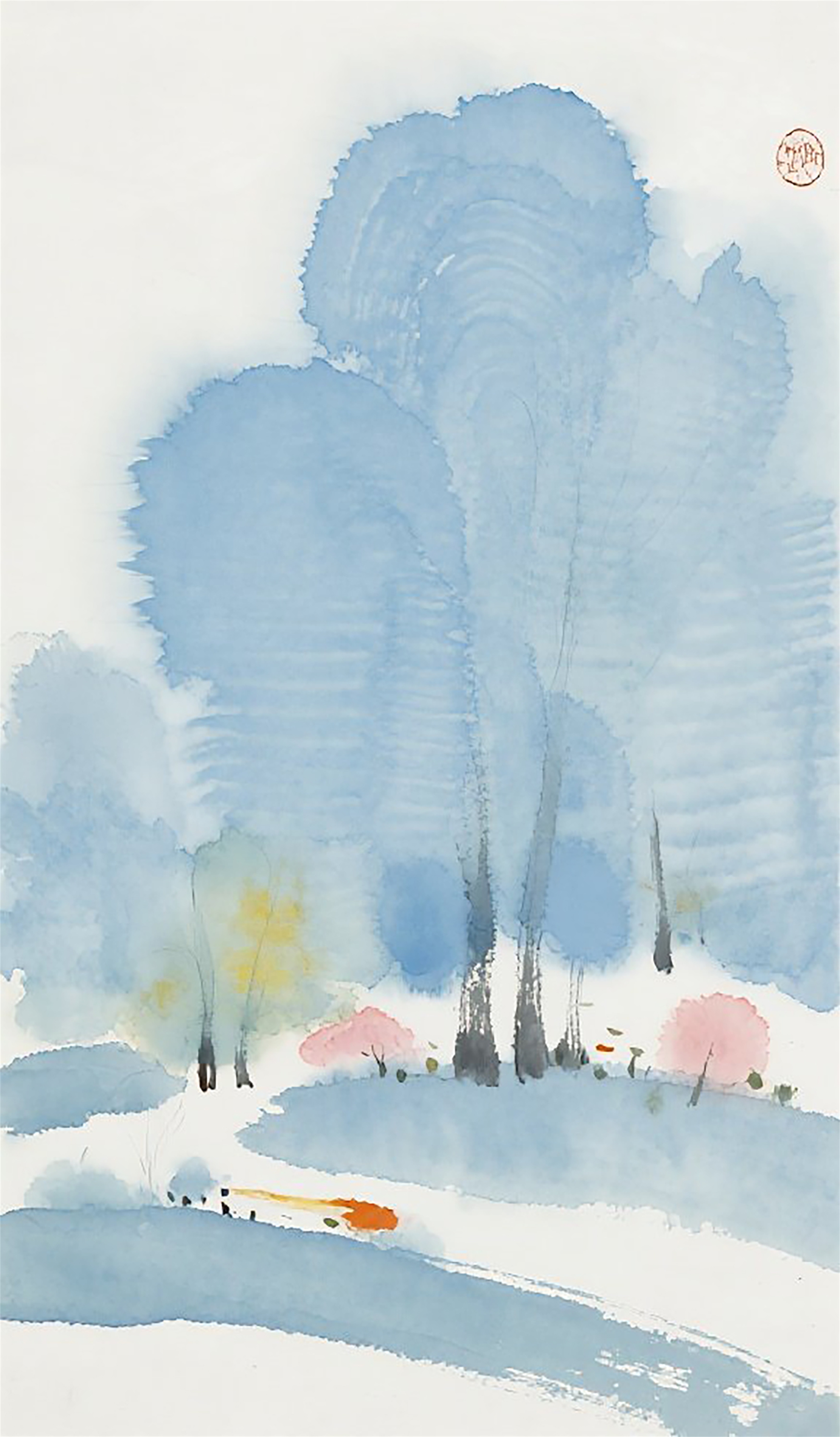 水墨早晨朦胧树林风景画插画图片素材