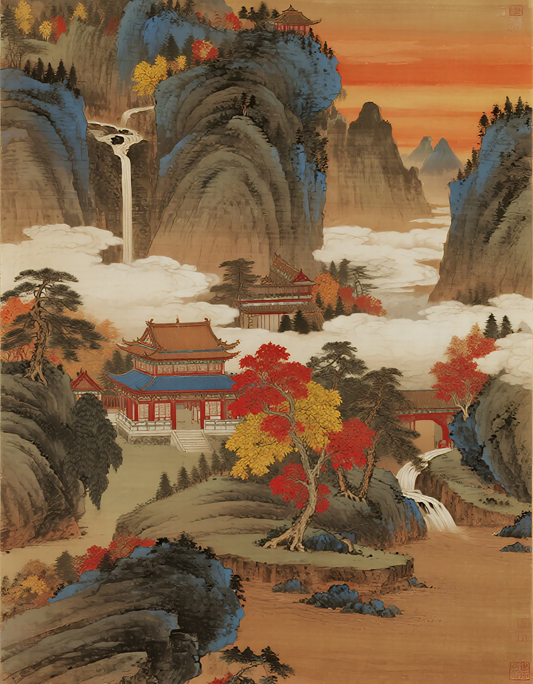 宋山水古寺阁楼风景画素材
