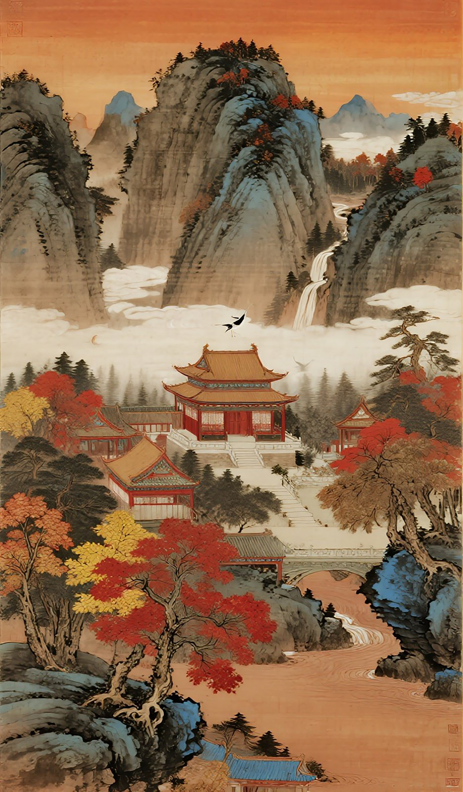 宋山水古寺阁楼风景画素材