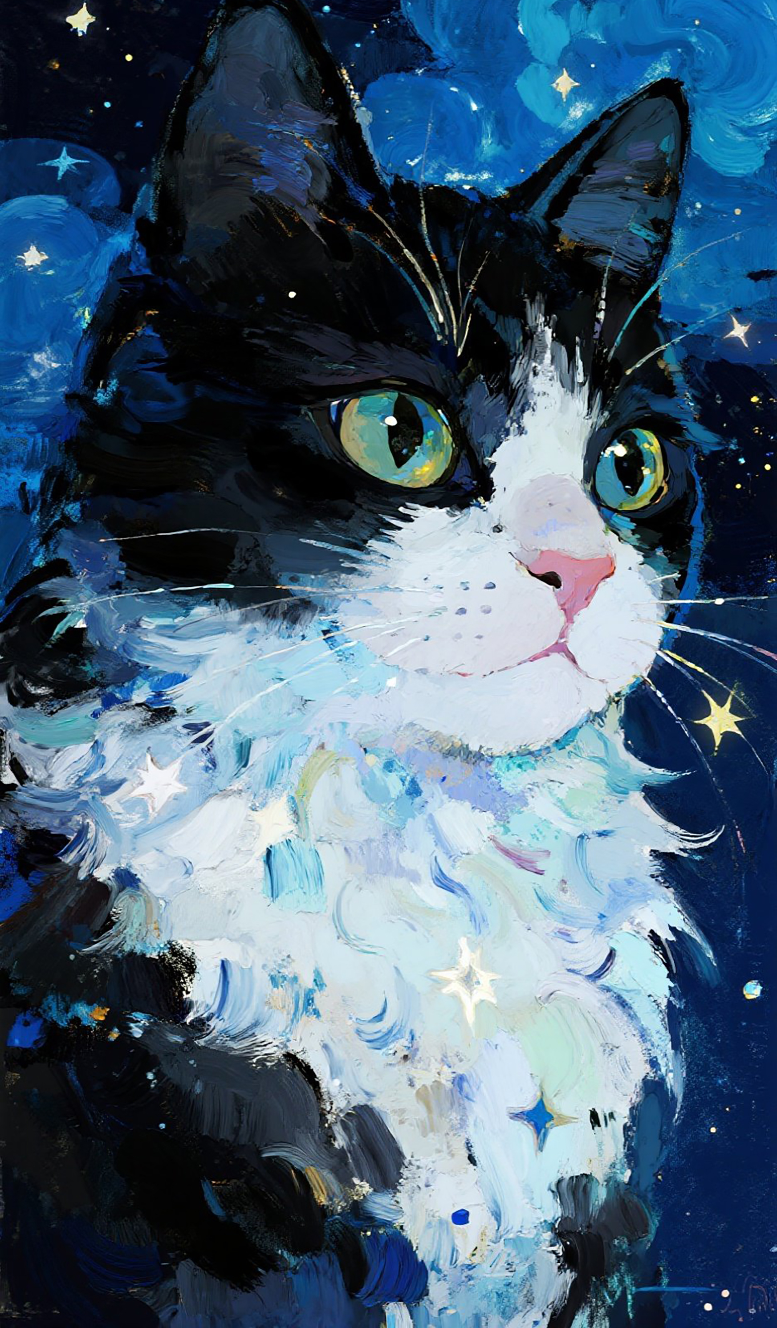 小黑猫蓝色星空水彩图片素材
