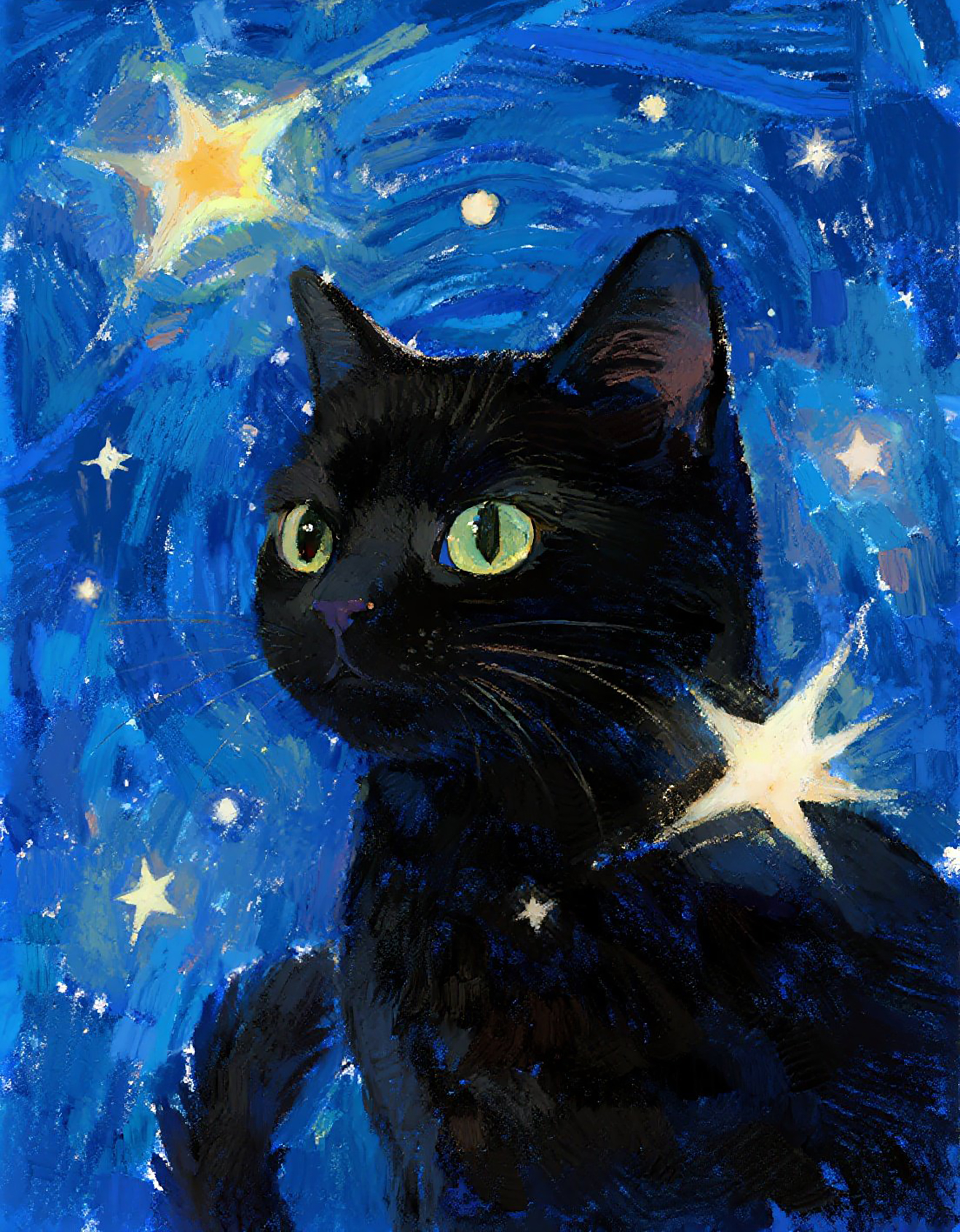 小黑猫蓝色星空水彩图片素材