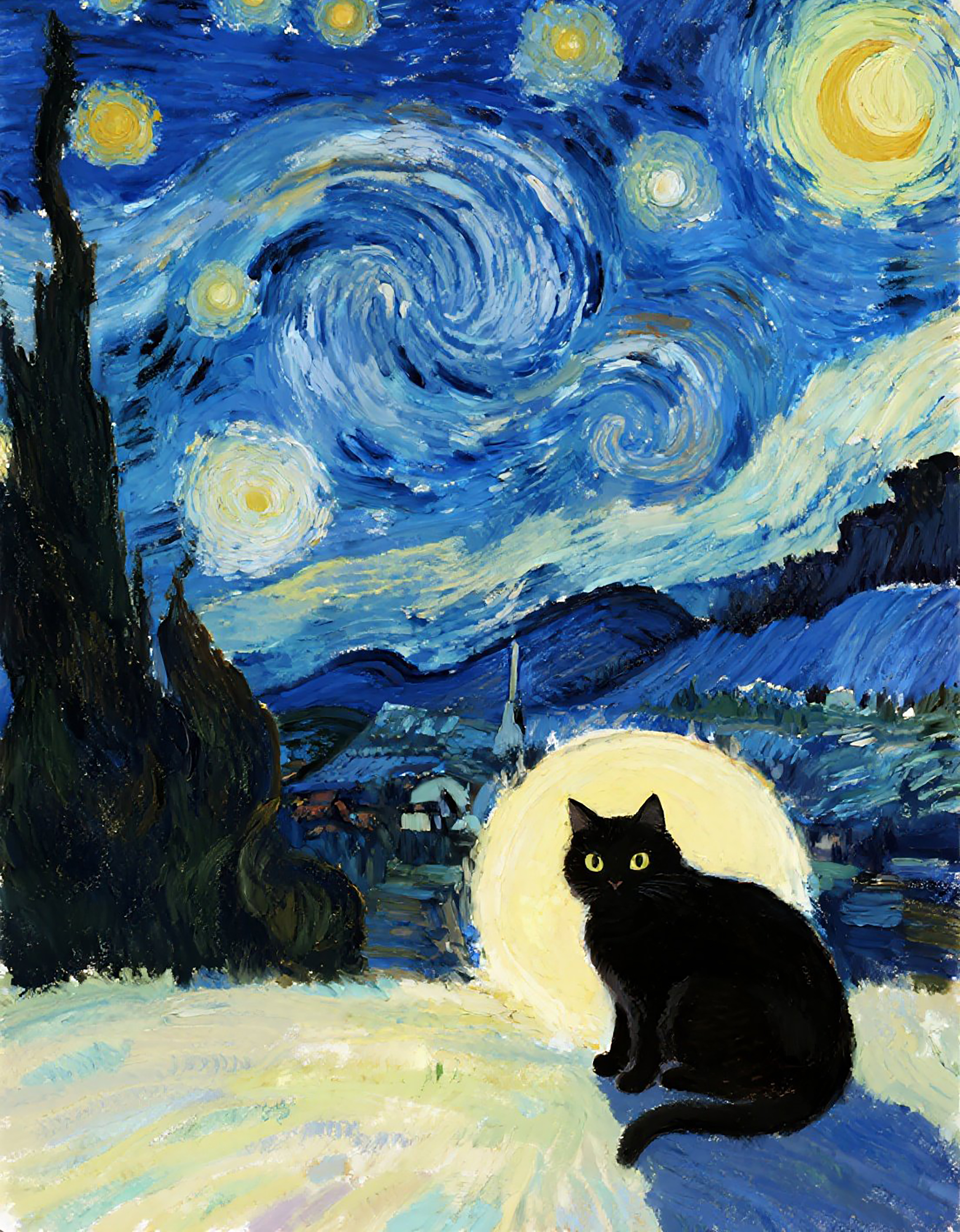 小黑猫蓝色星空水彩图片素材