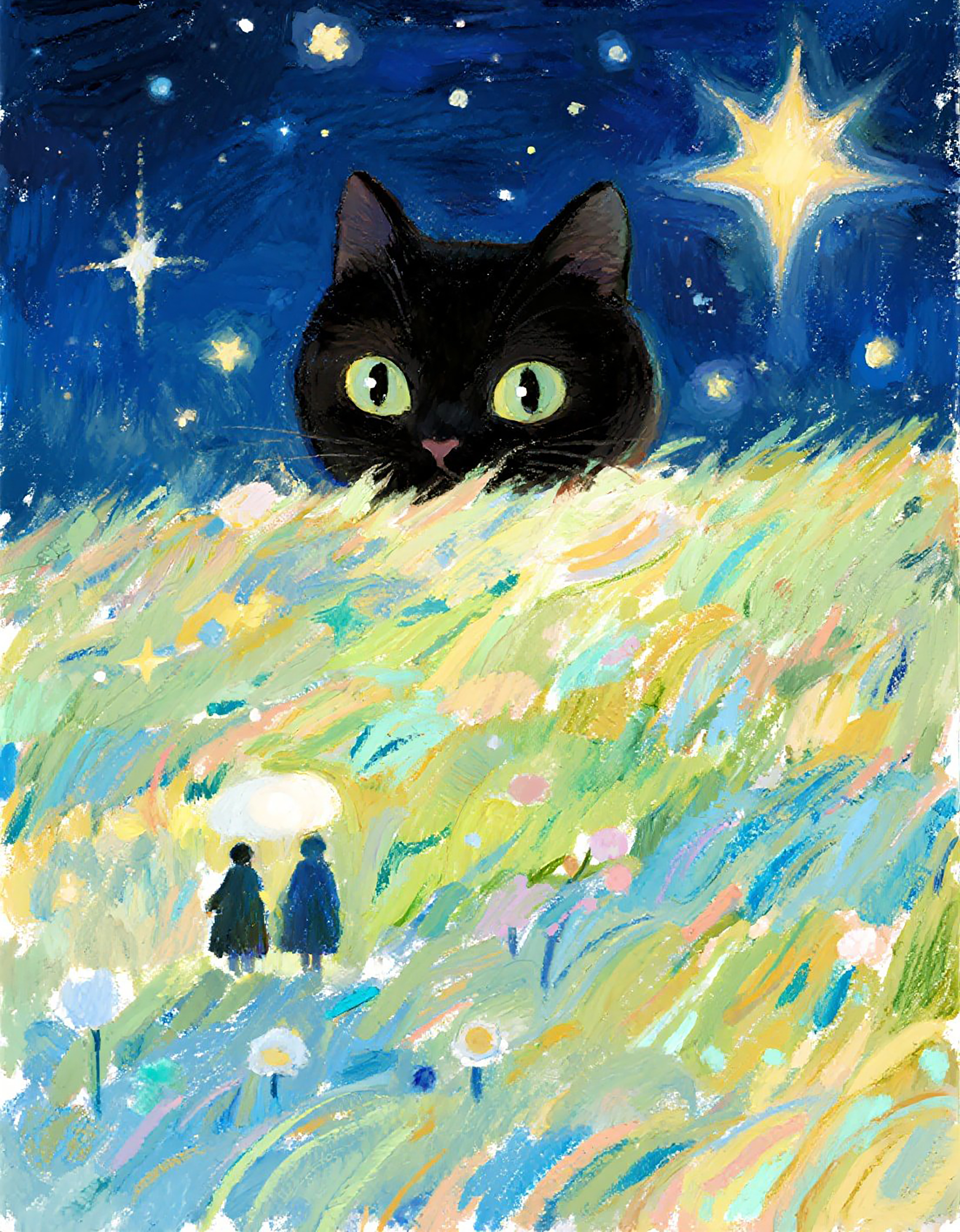 小黑猫蓝色星空水彩图片素材