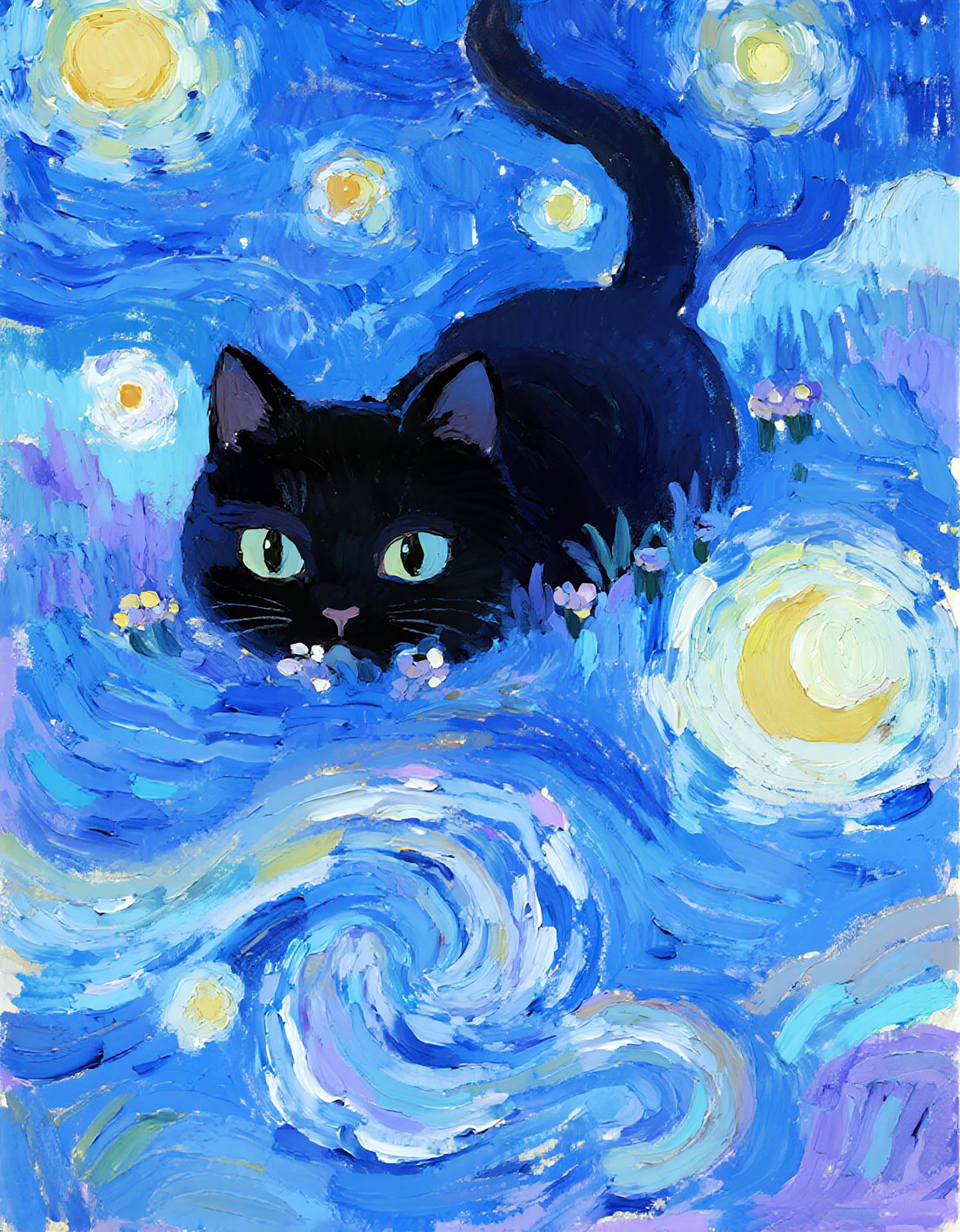 小黑猫蓝色星空水彩图片素材