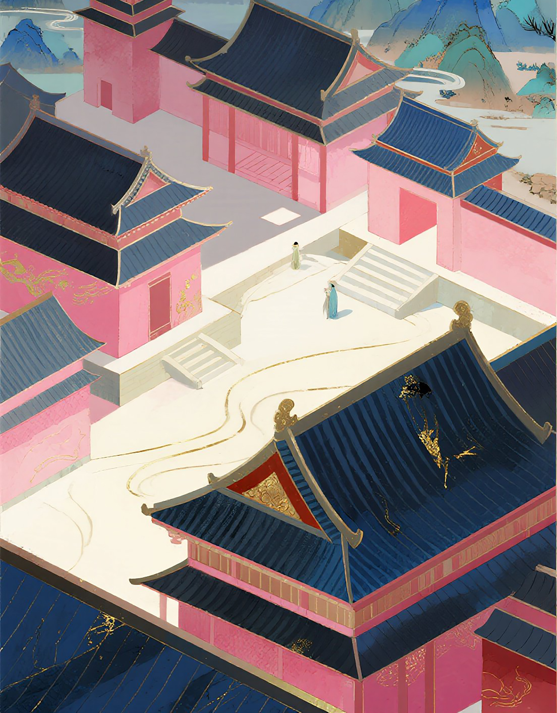 禪意山水中國傳統(tǒng)建筑風景畫圖片素材