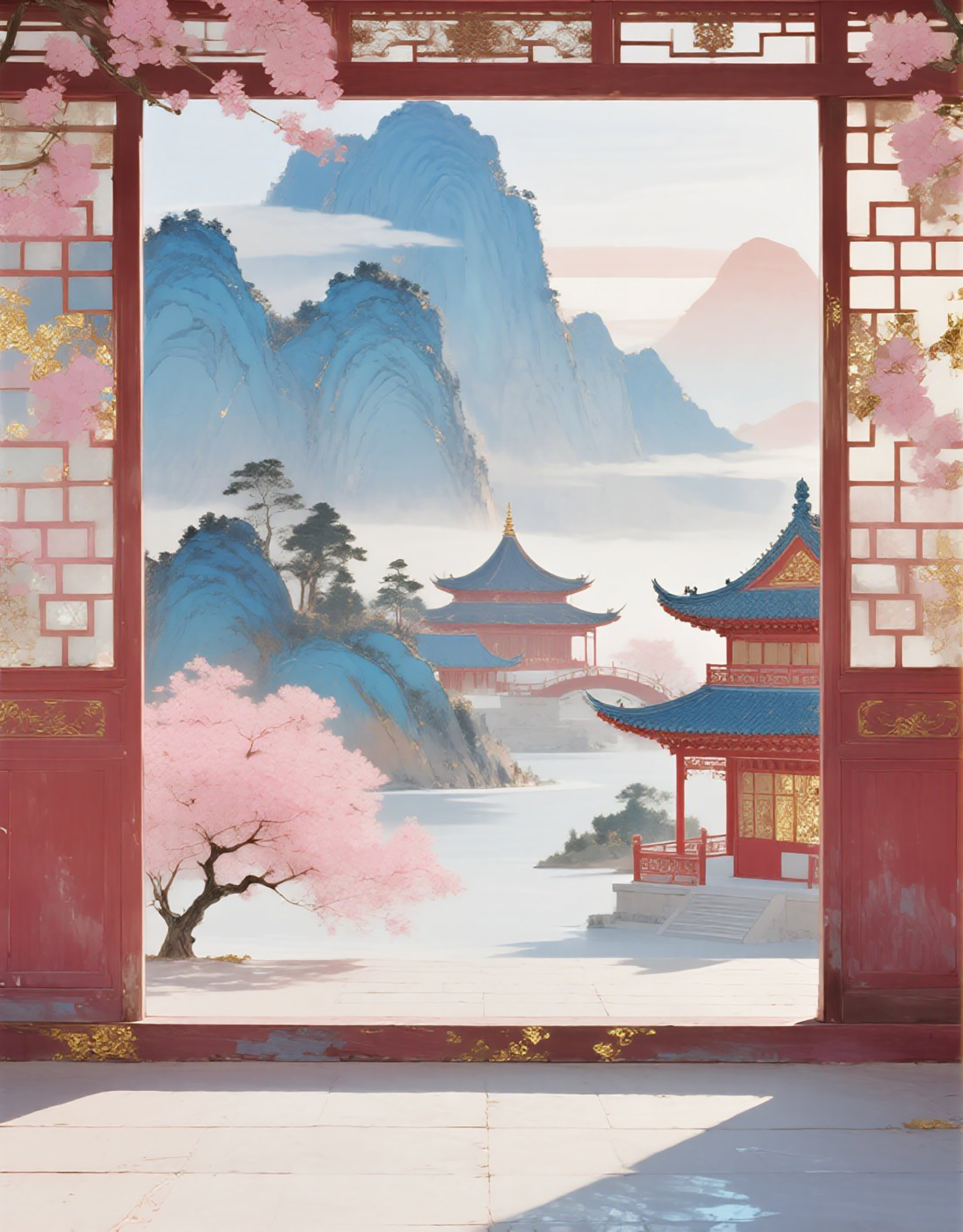 禪意山水古風建筑風景畫圖片素材