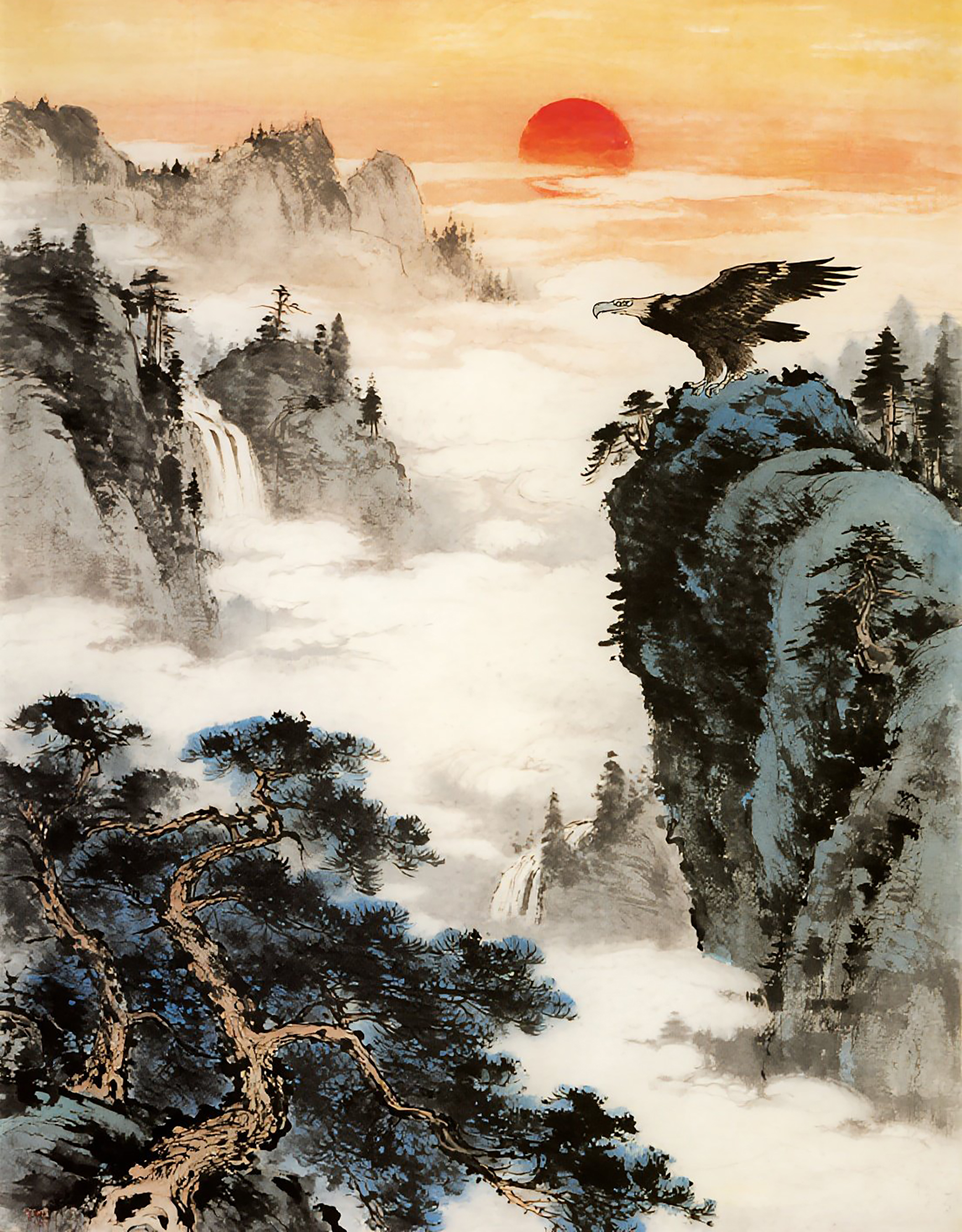 东方日出涯峰峻岭雄鹰风景画图片素材
