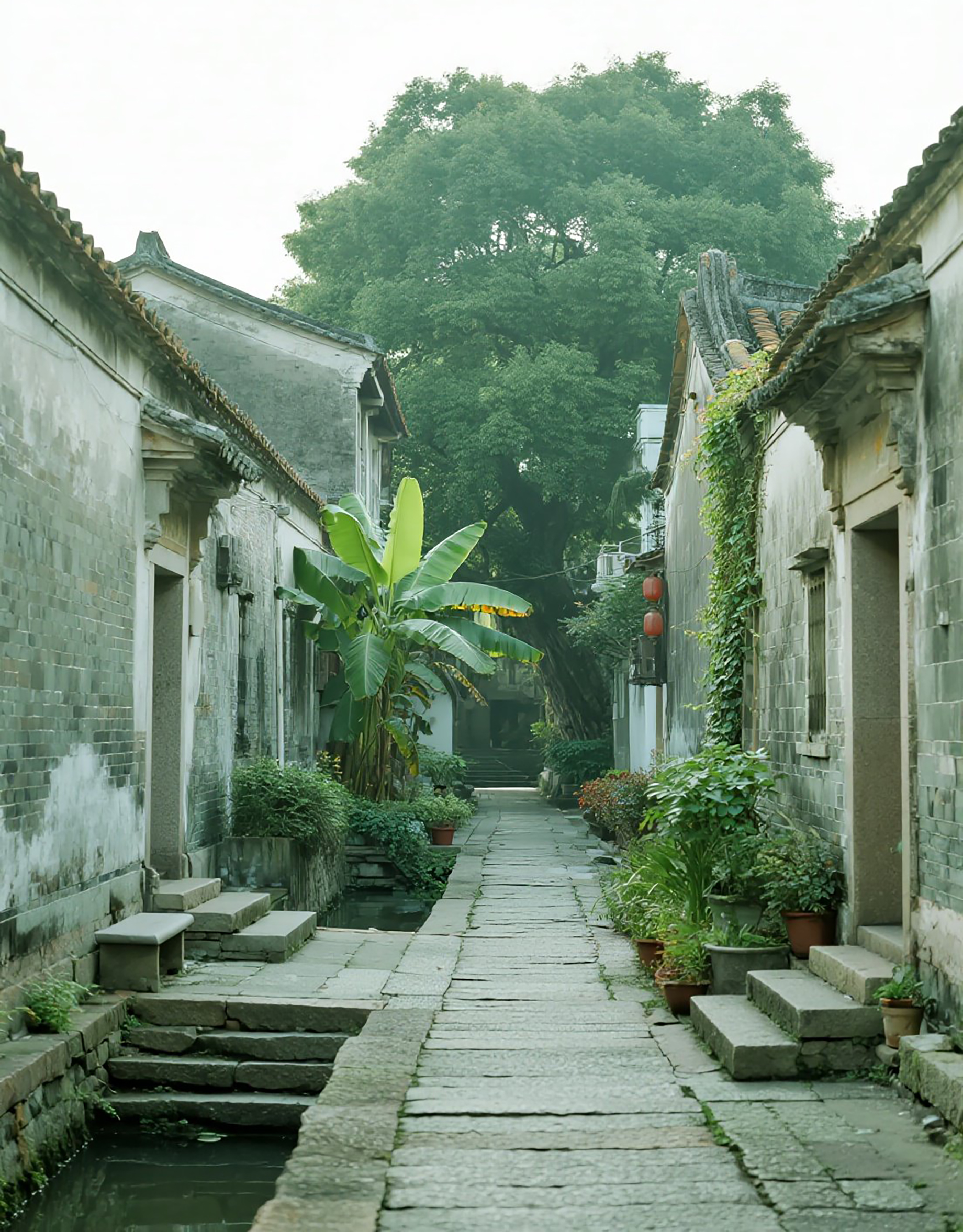 岭南古巷两侧青灰色砖石建筑图片素材