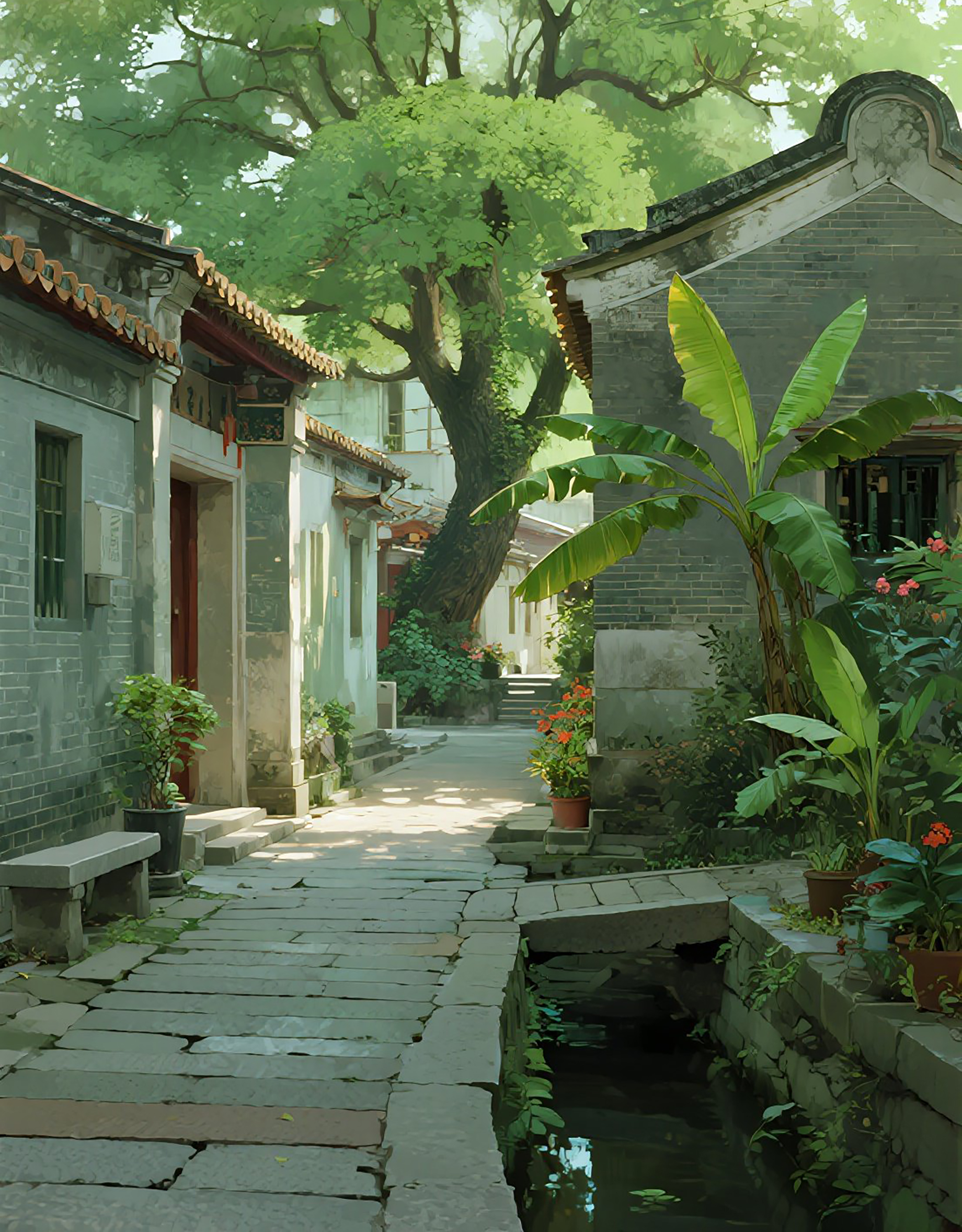 岭南古巷两侧青灰色砖石建筑图片素材