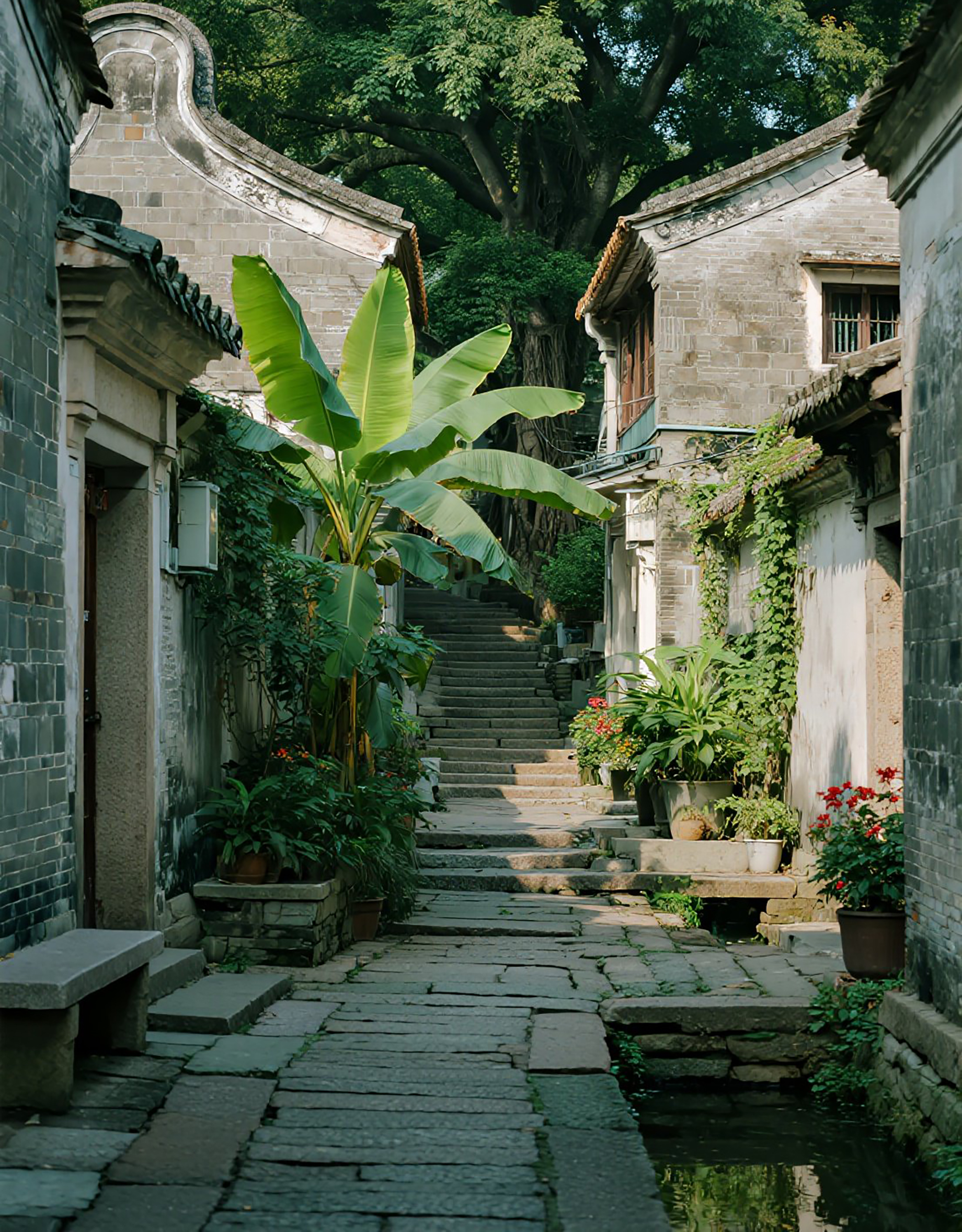 岭南古巷两侧青灰色砖石建筑素材