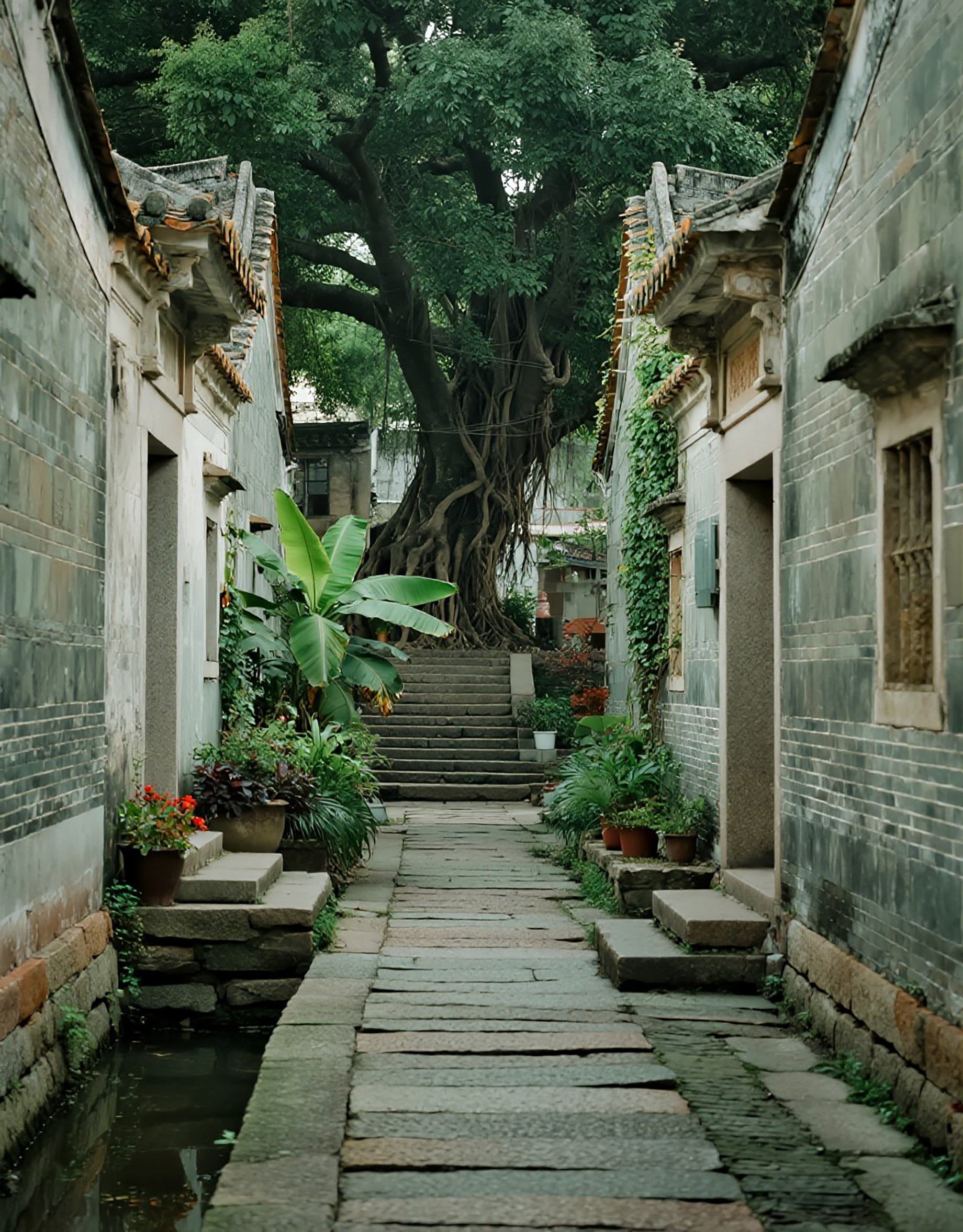 岭南古巷两侧青灰色砖石建筑风景画素材