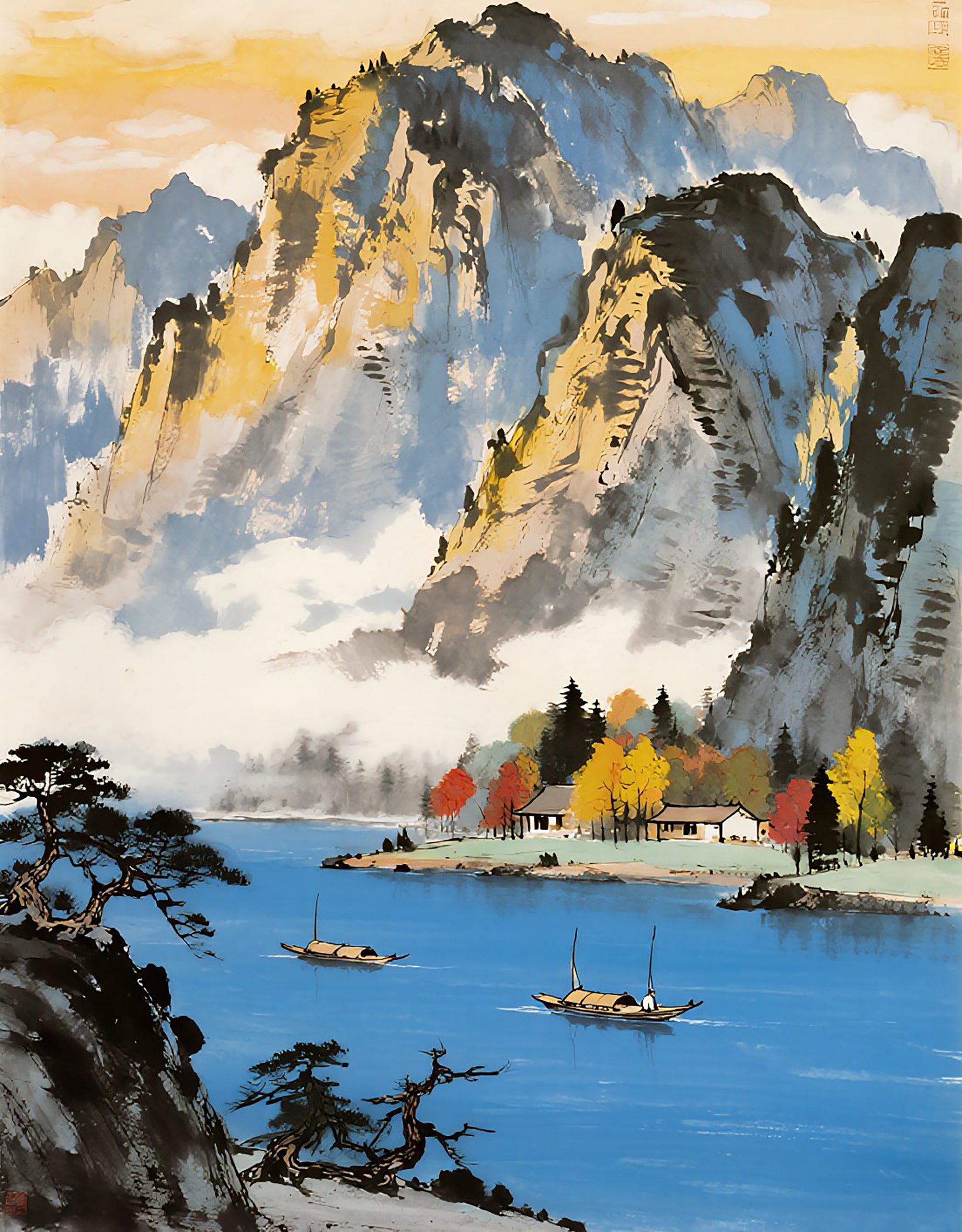 唯美山水风景画油画素材