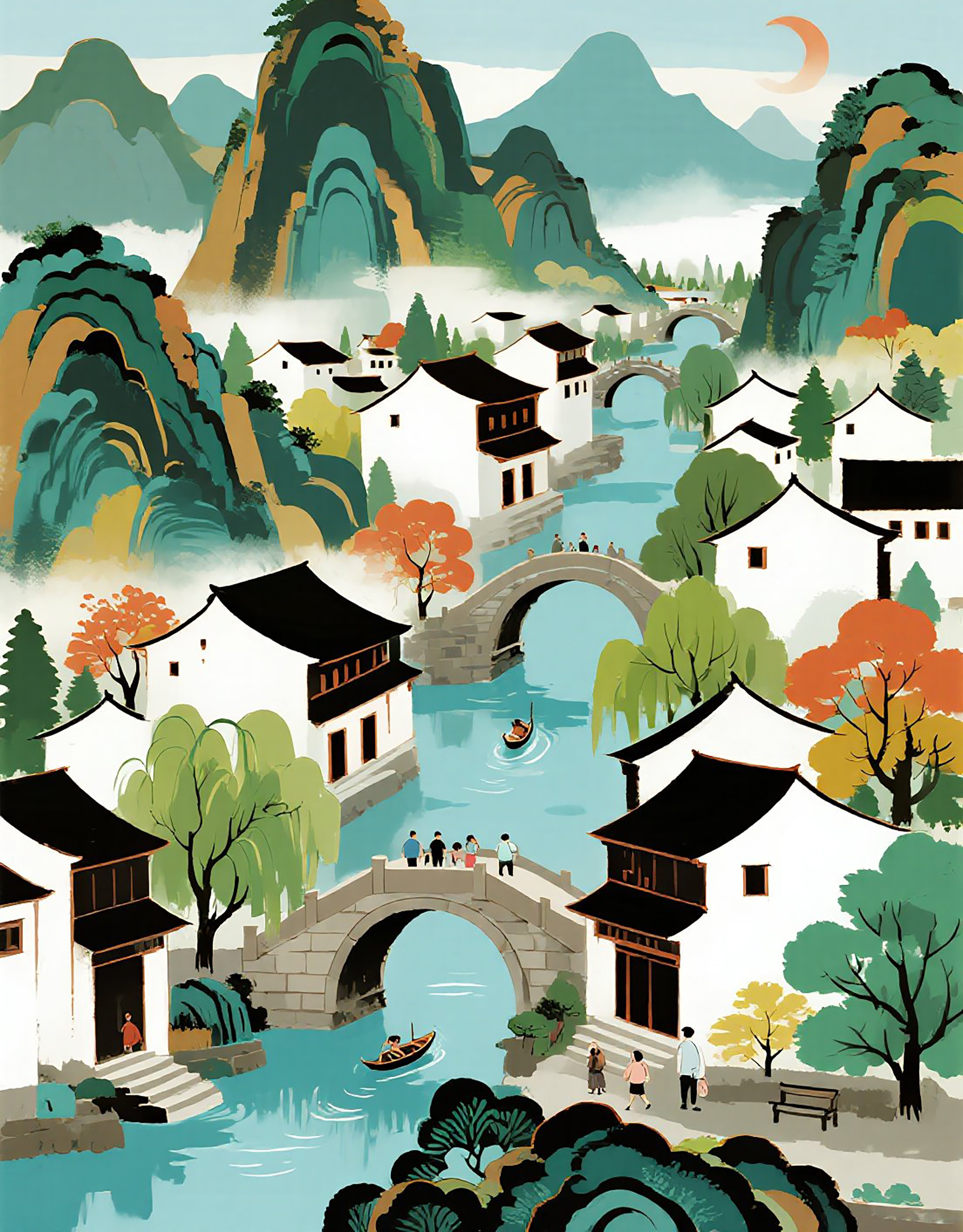 山水古镇风景画图片素材
