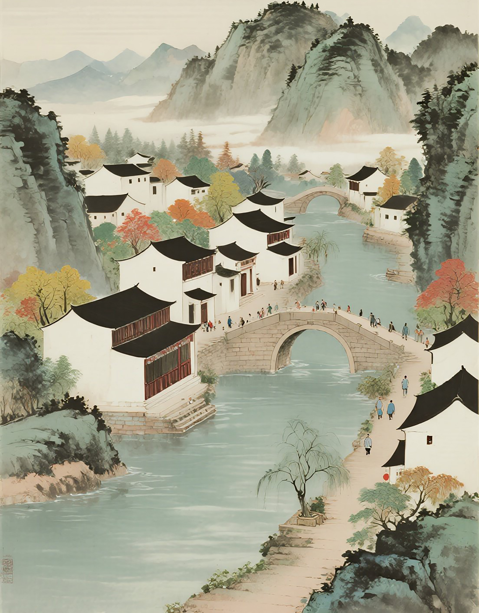 山水古镇水彩图片素材素材
