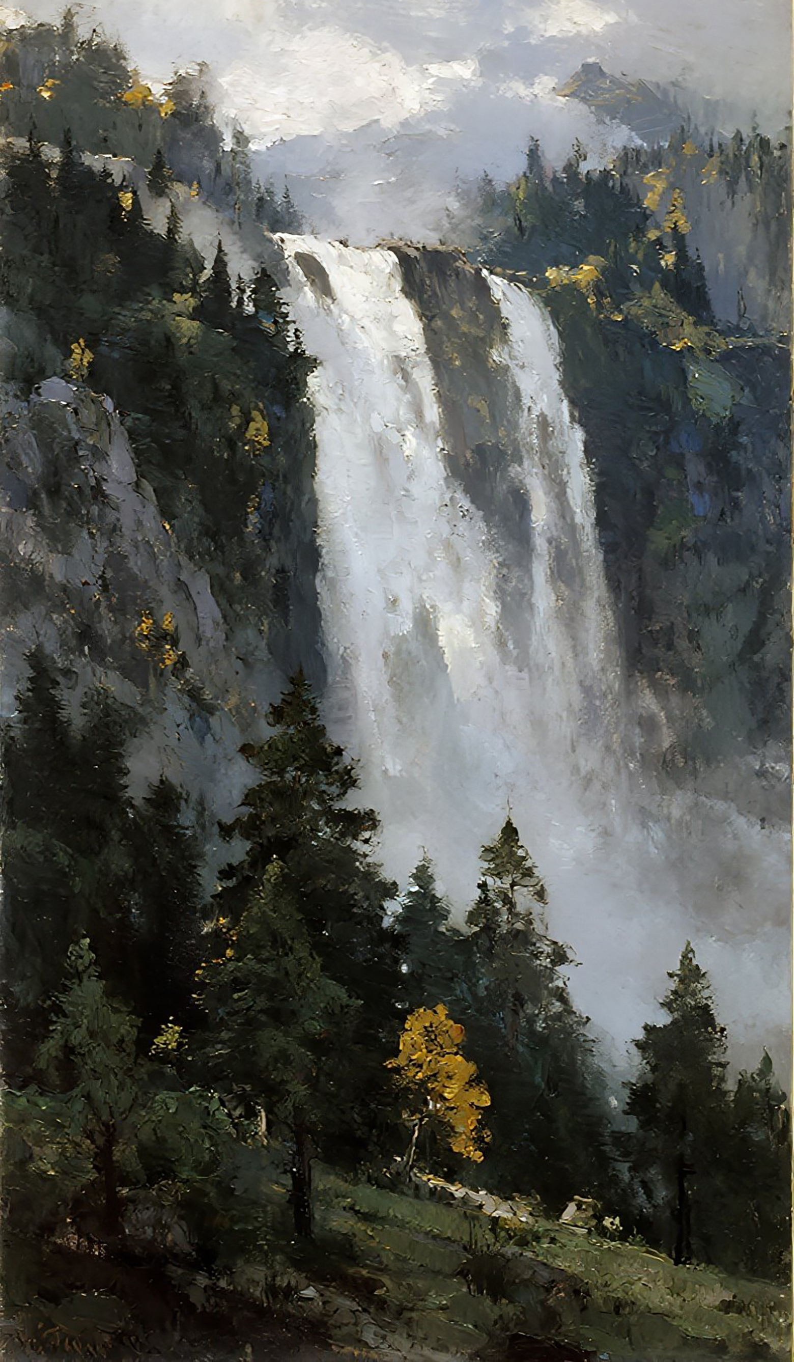 山林瀑布风景画图片素材素材