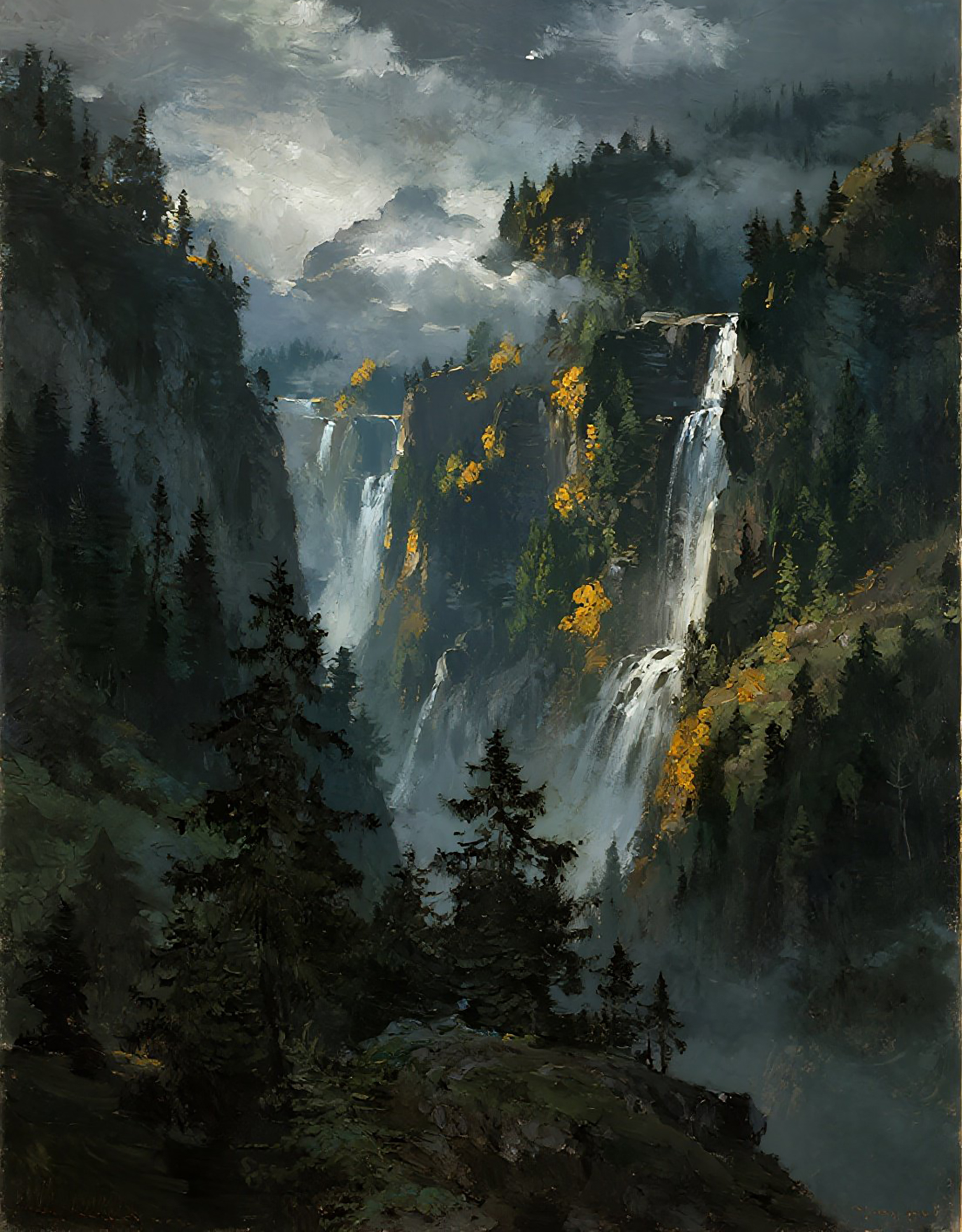 山林瀑布风景画高清图片素材