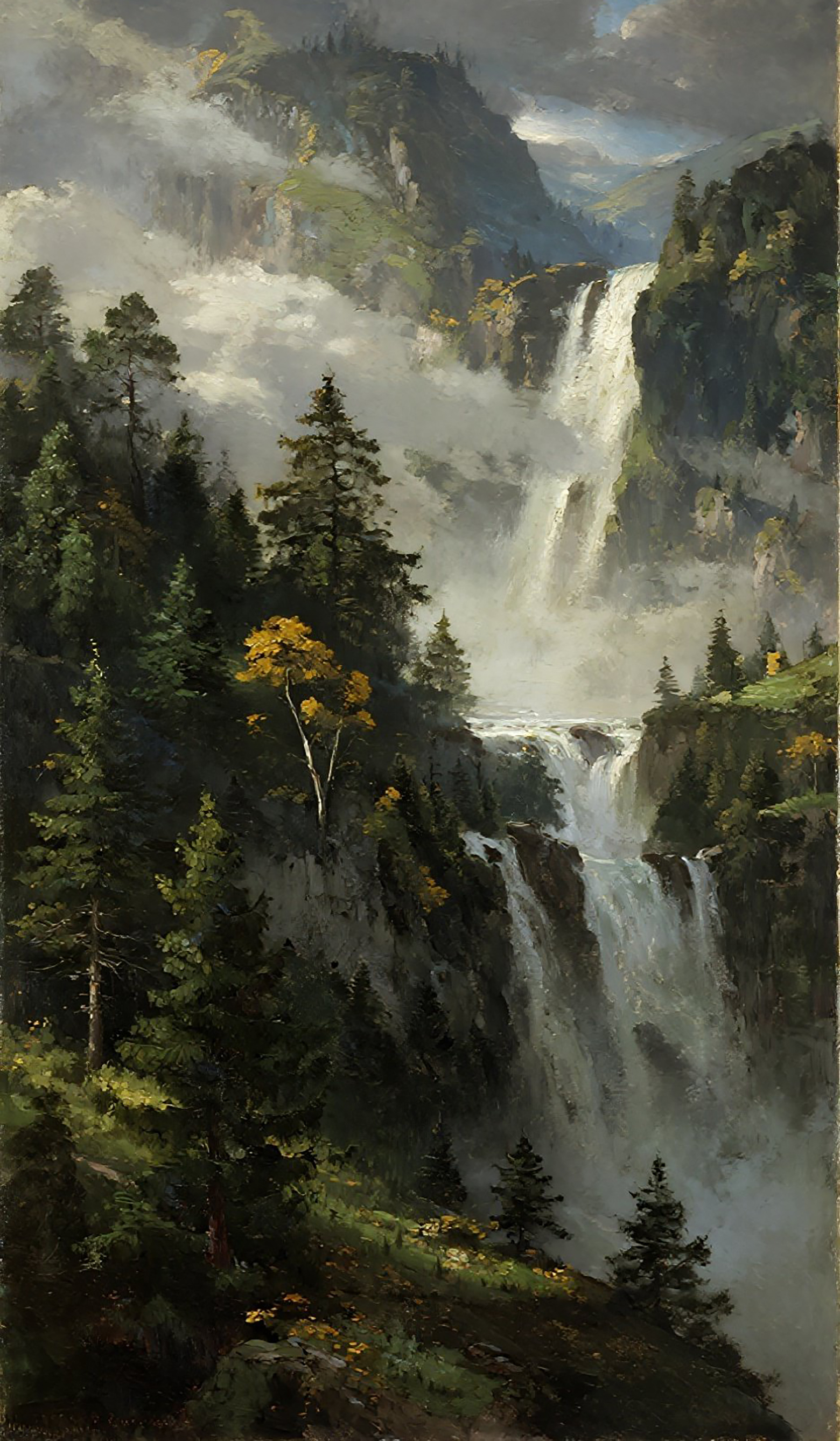 山林瀑布风景画高清图片素材