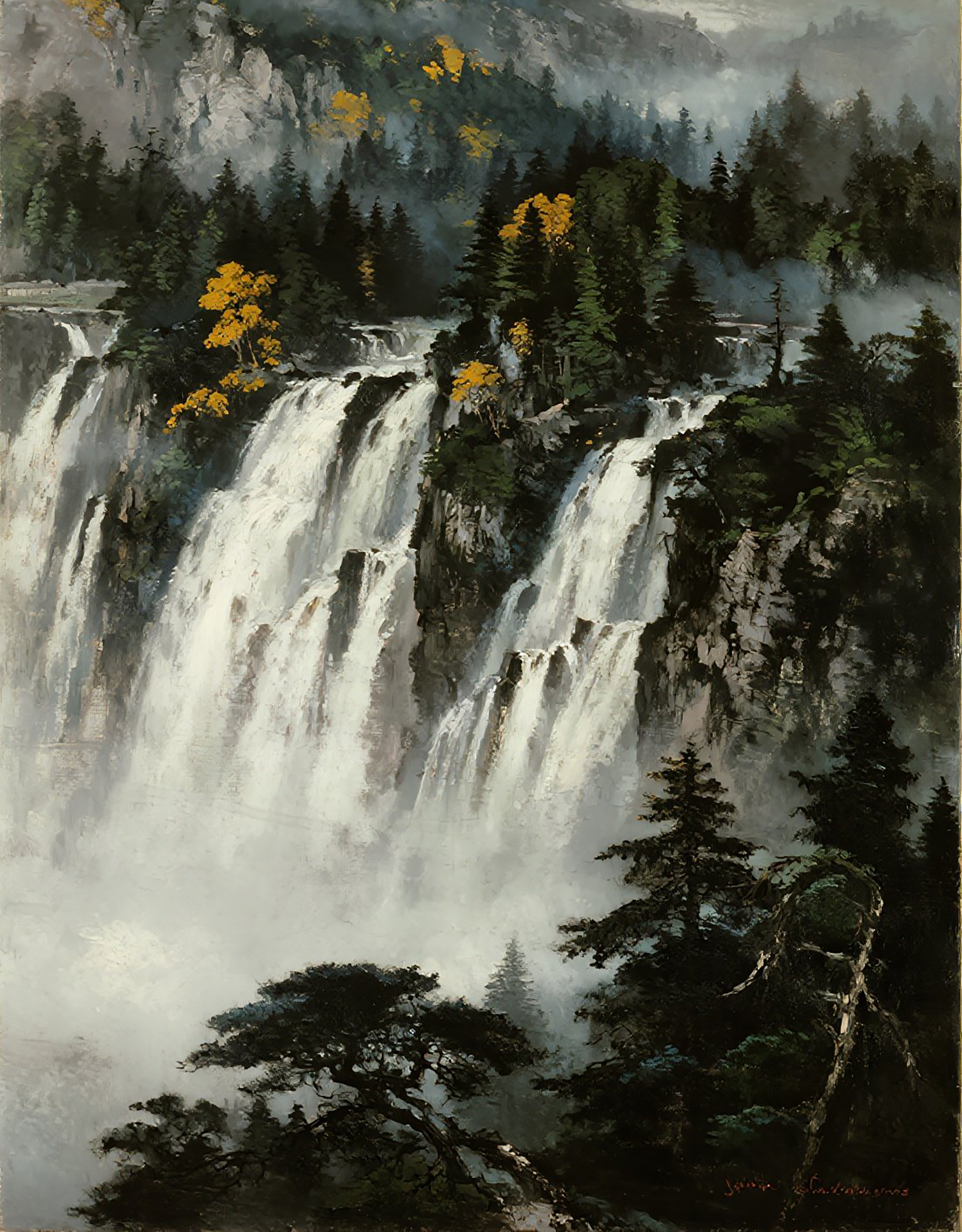 唯美山林瀑布风景画图片素材