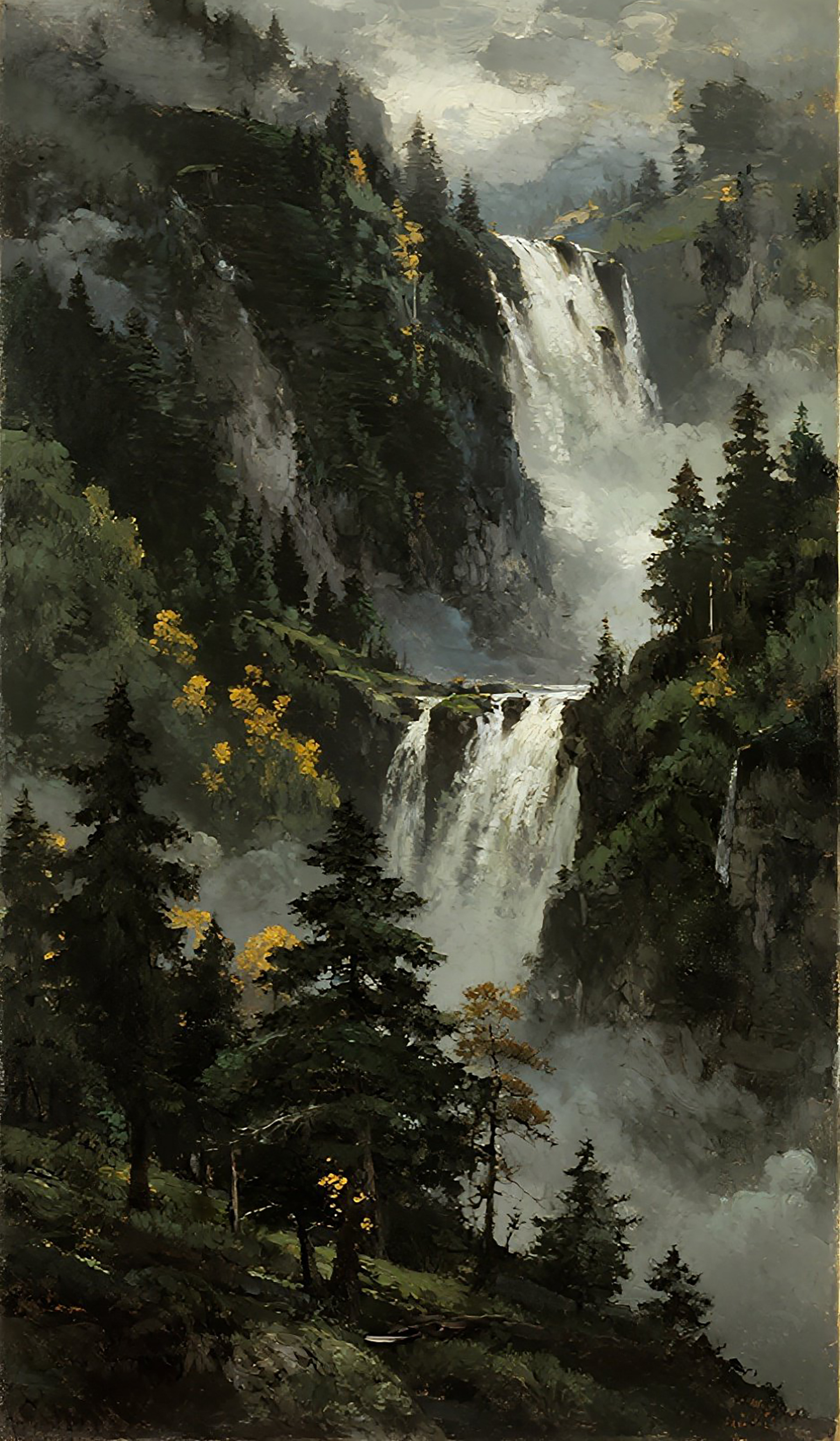 唯美山林瀑布风景画素材