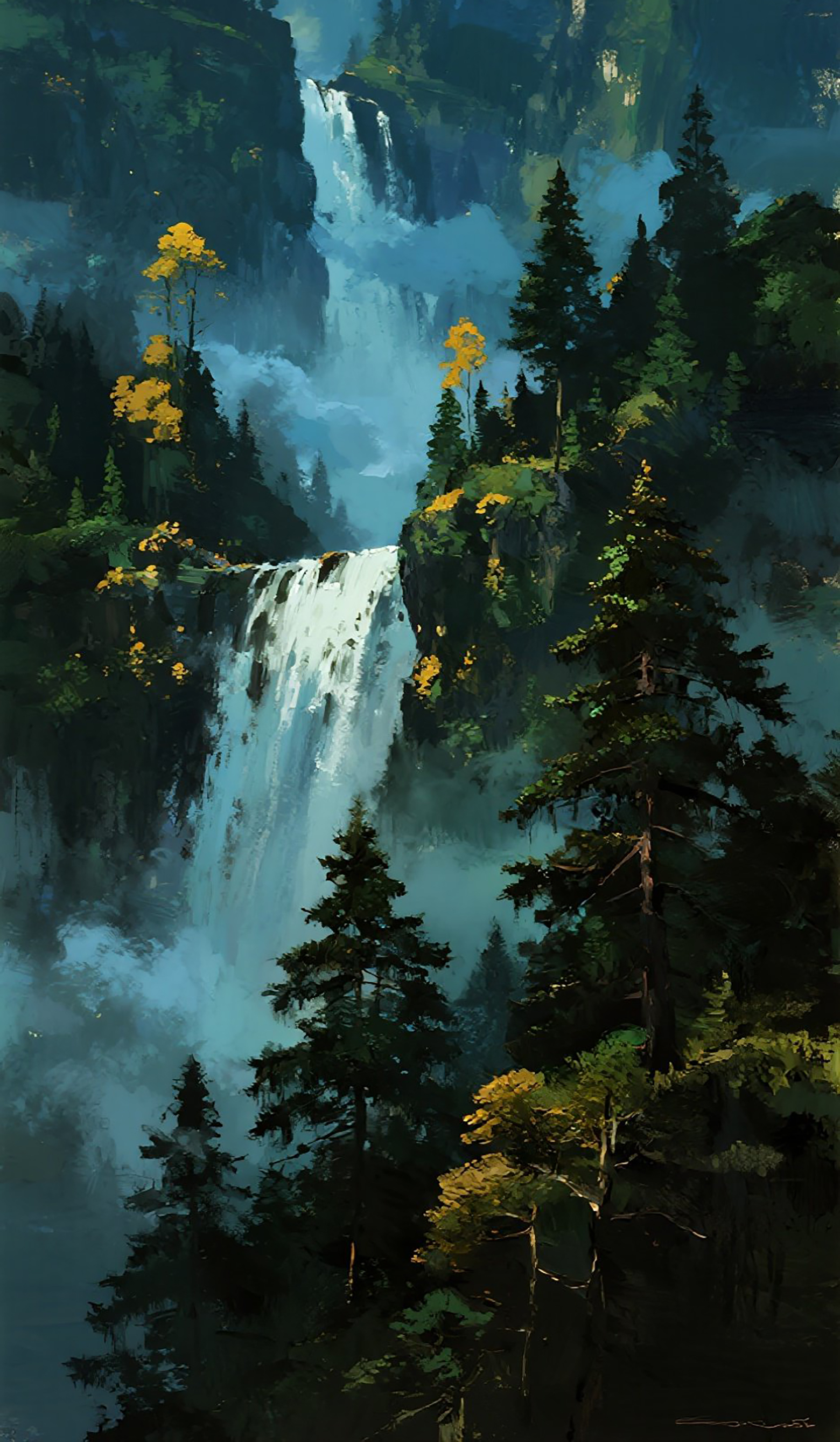 山林瀑布风景画图片素材
