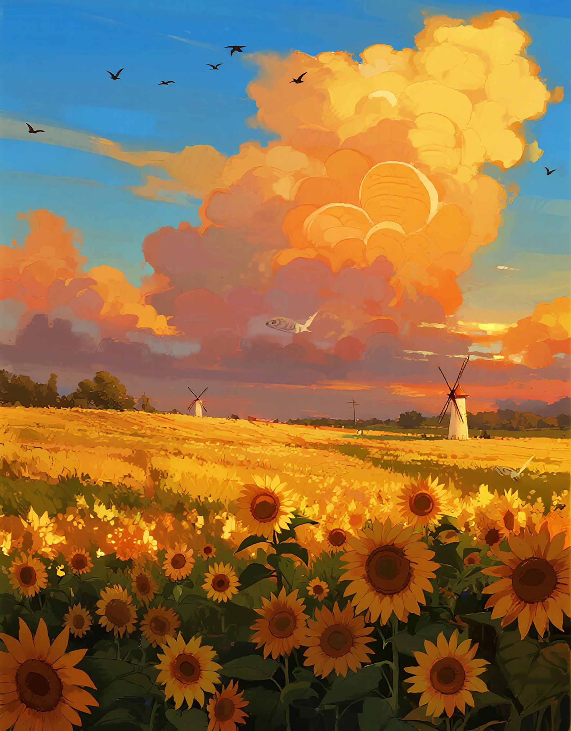 夕阳向日葵花风车插画图片素材