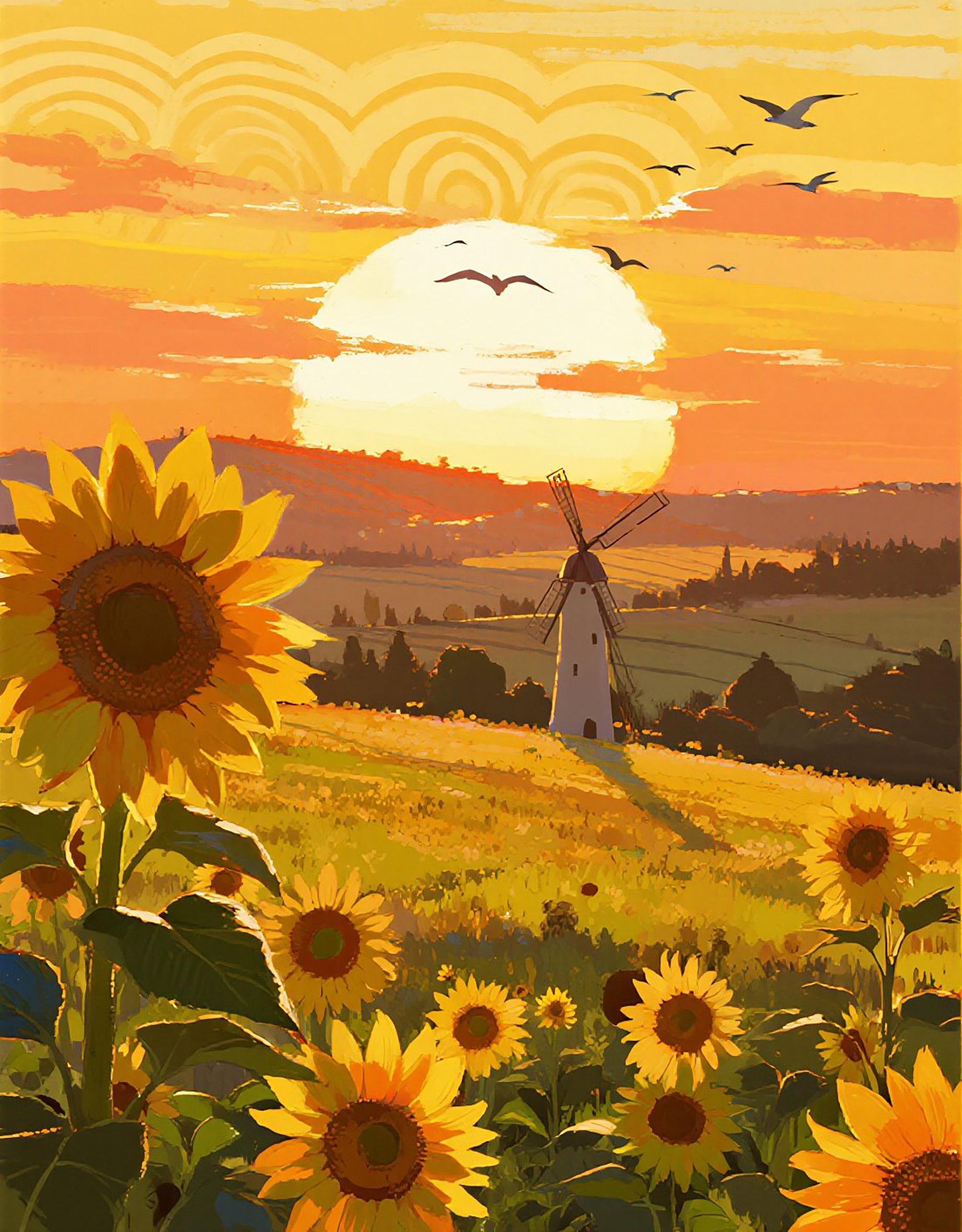 夕阳向日葵花风车插画图片素材