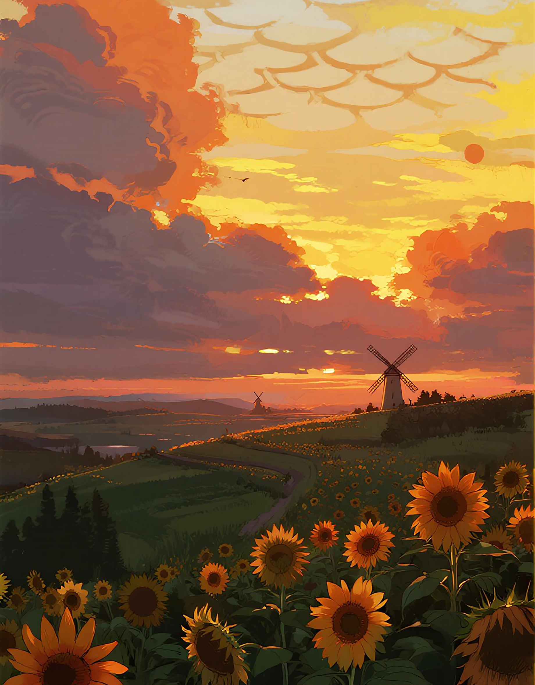 夕阳向日葵花风车图片素材