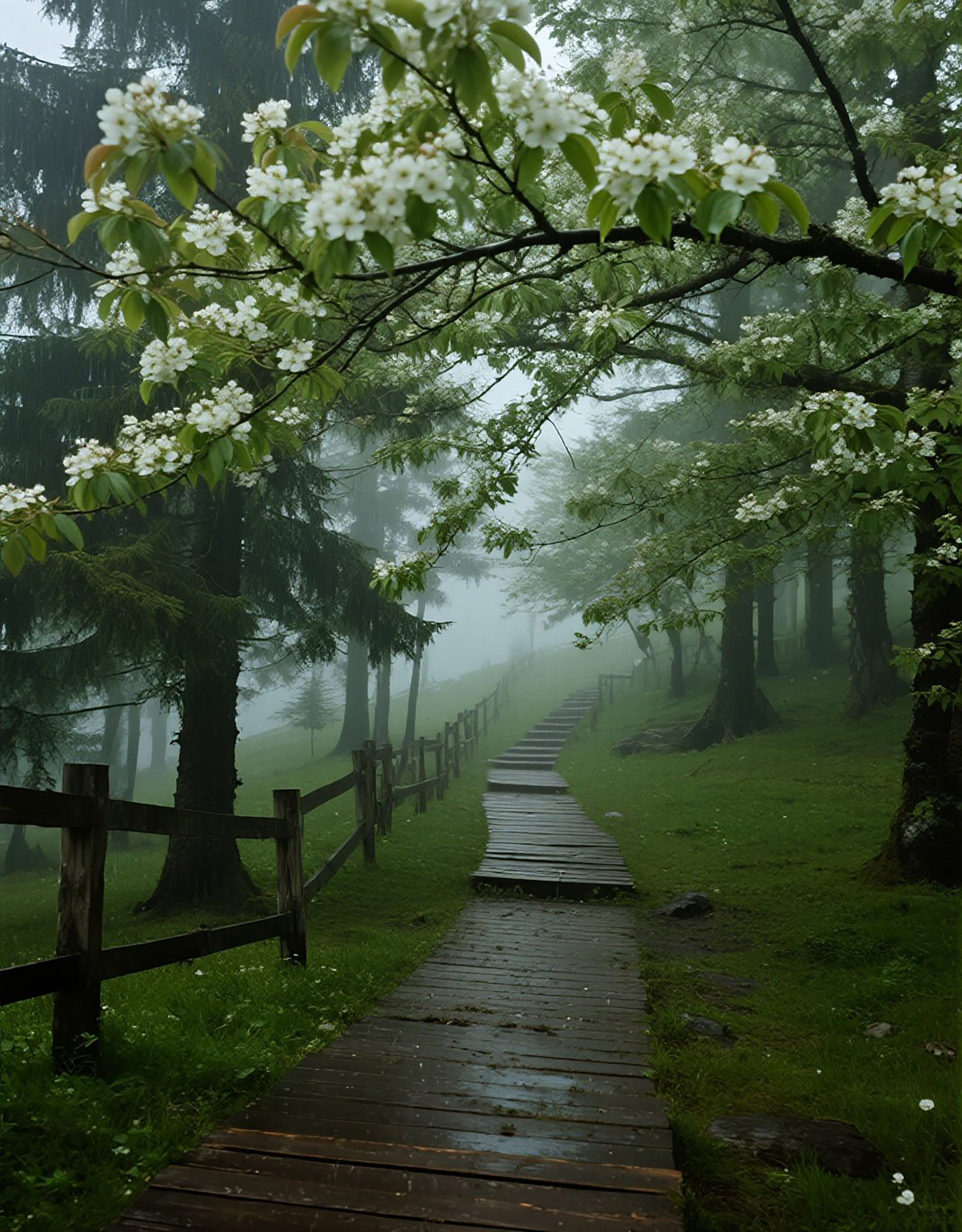 雾蒙蒙森林木栏围着的小路风景画素材