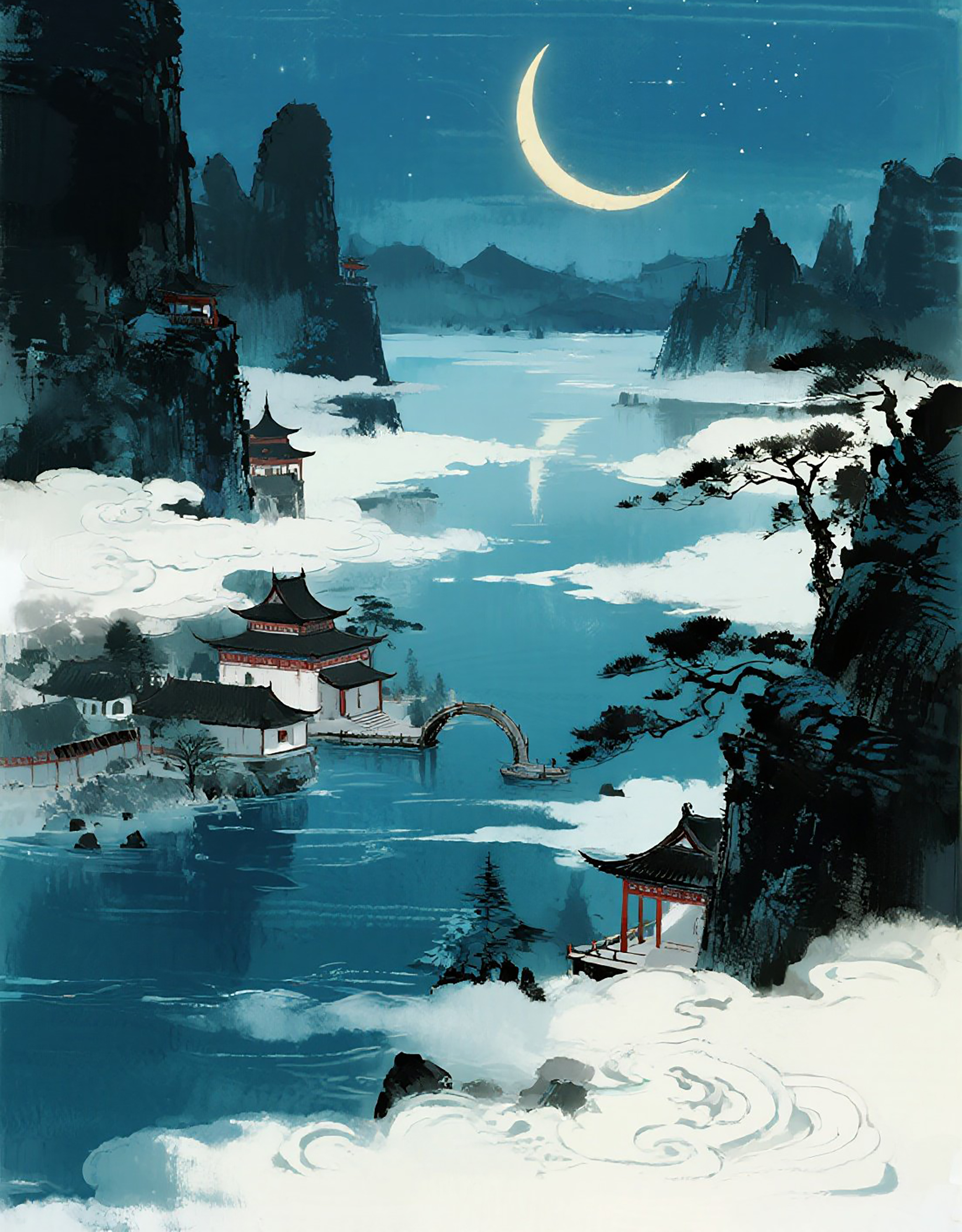 夜寒江静山瑰丽风景画素材
