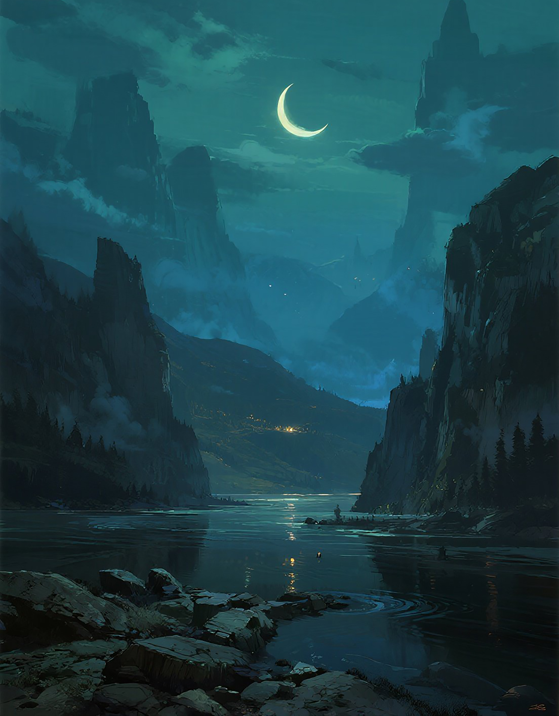 唯美夜寒江静山瑰丽风景画素材