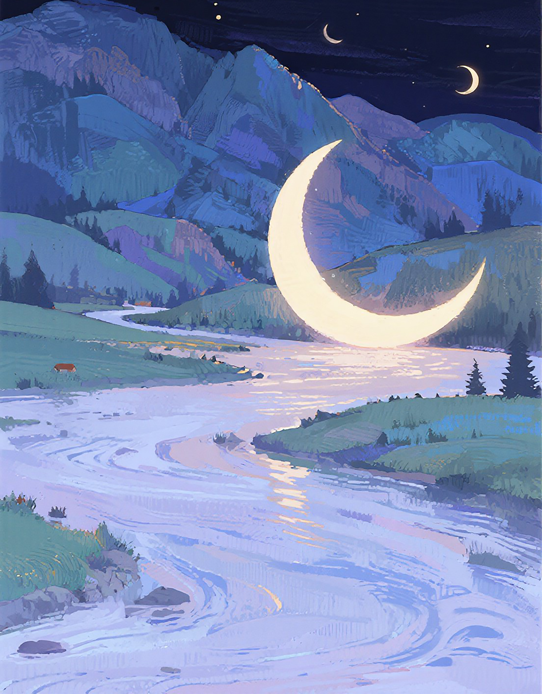 唯美夜寒江静山瑰丽风景画素材