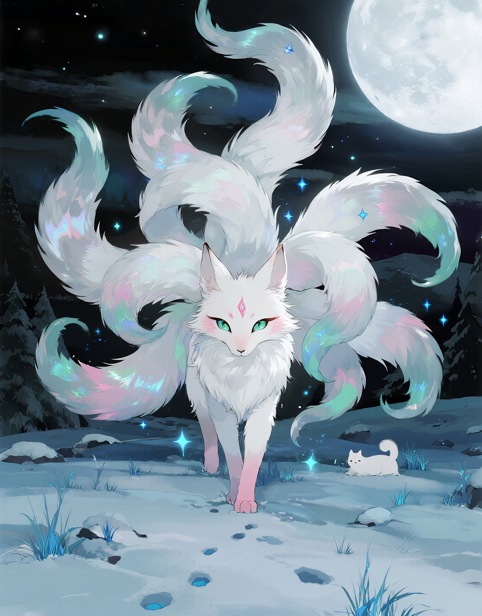雪地白粉妖狐九尾狐图片素材素材