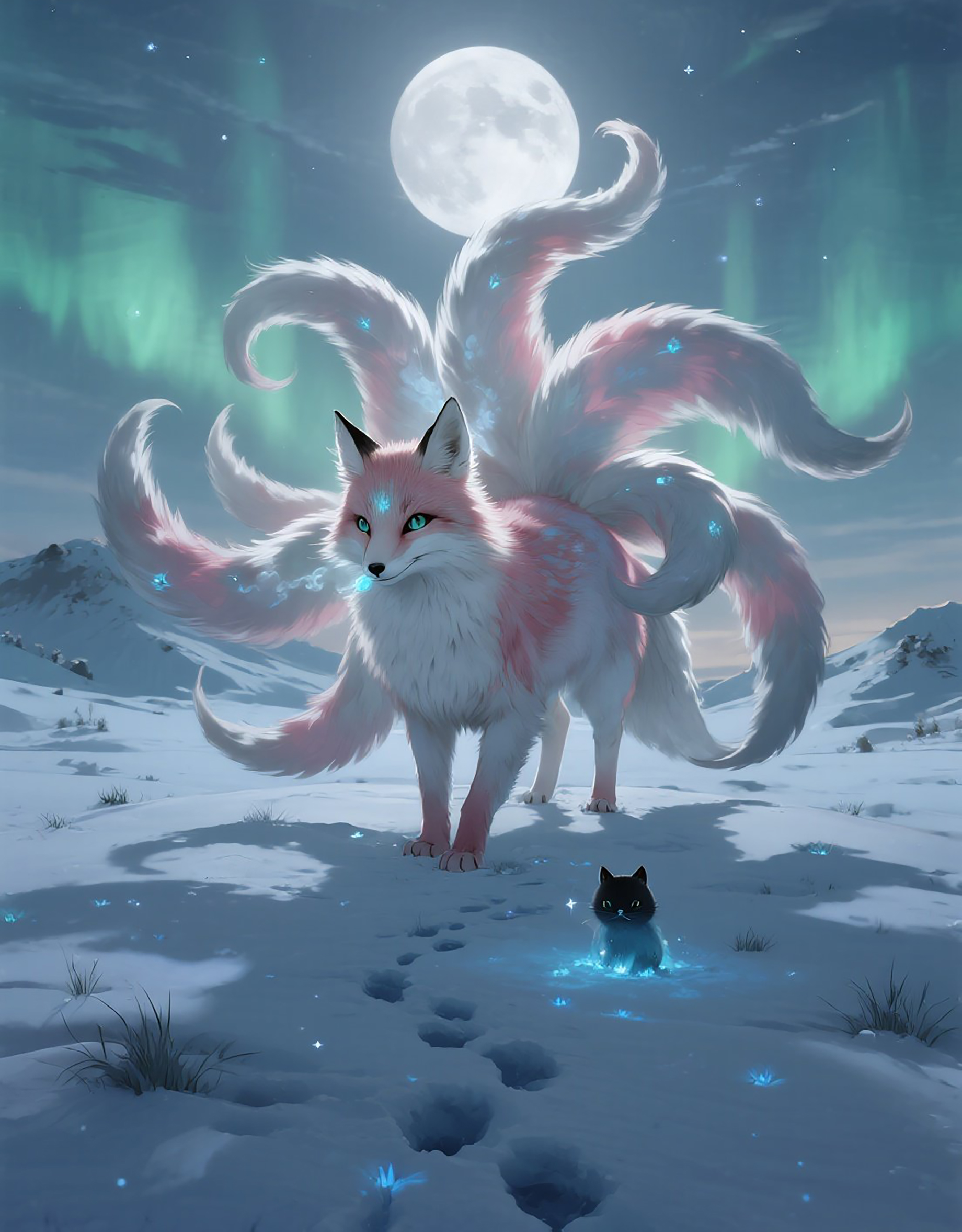 雪地白粉妖狐九尾狐图片素材
