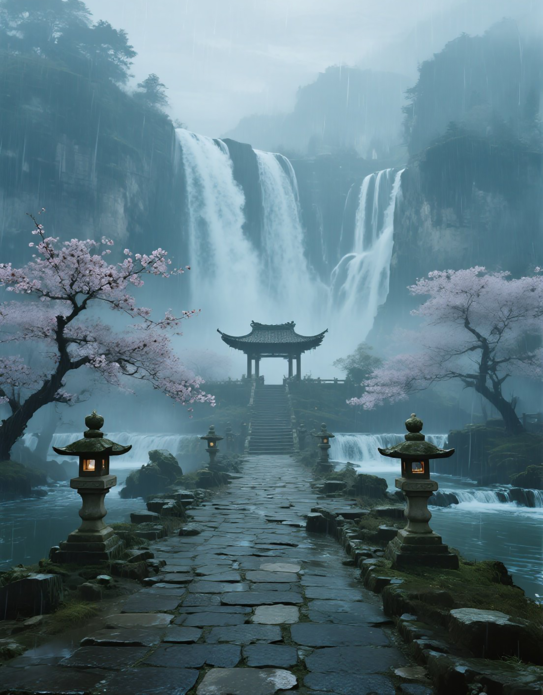 雨中的石板路和小溪流风景画图片素材