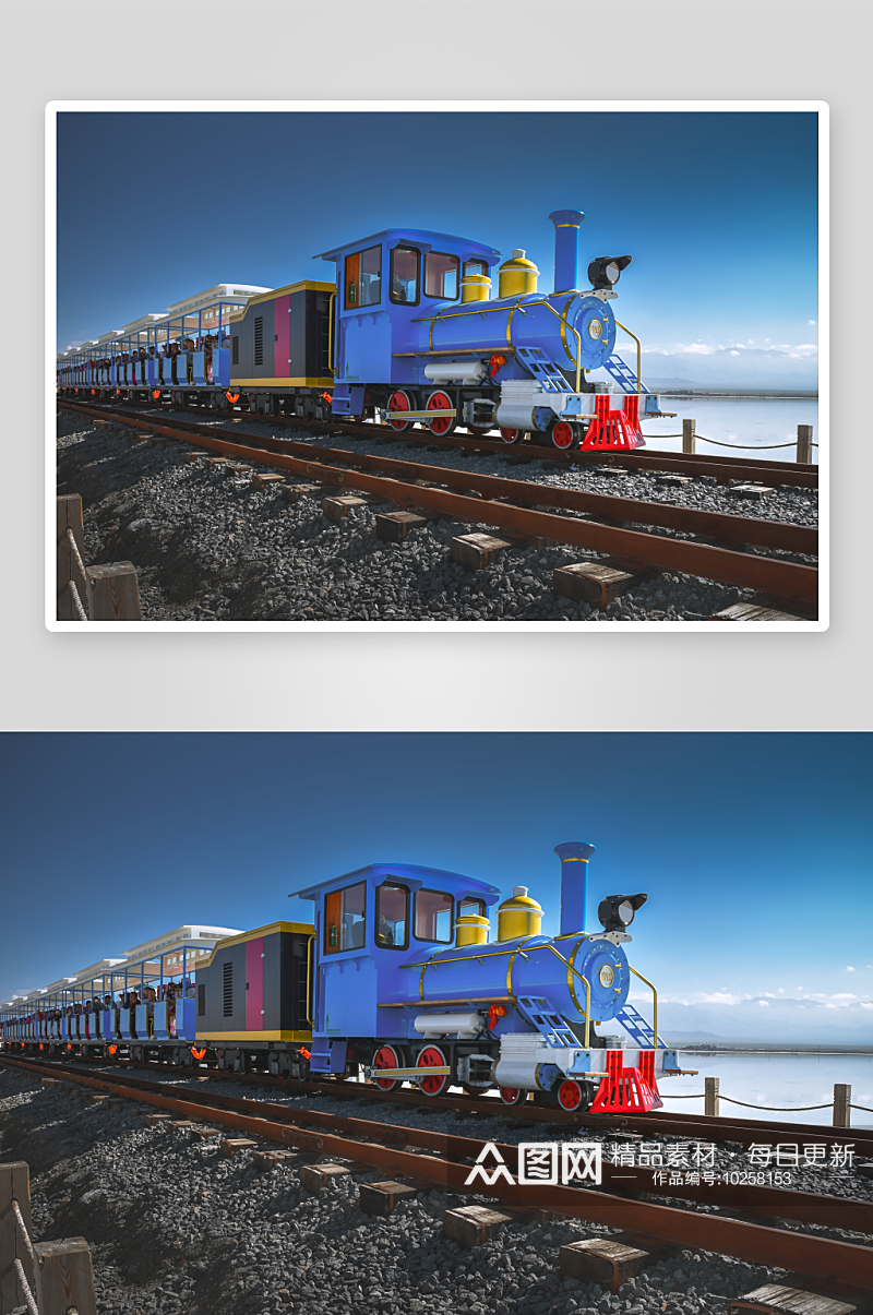 茶卡盐湖上的蓝色火车素材