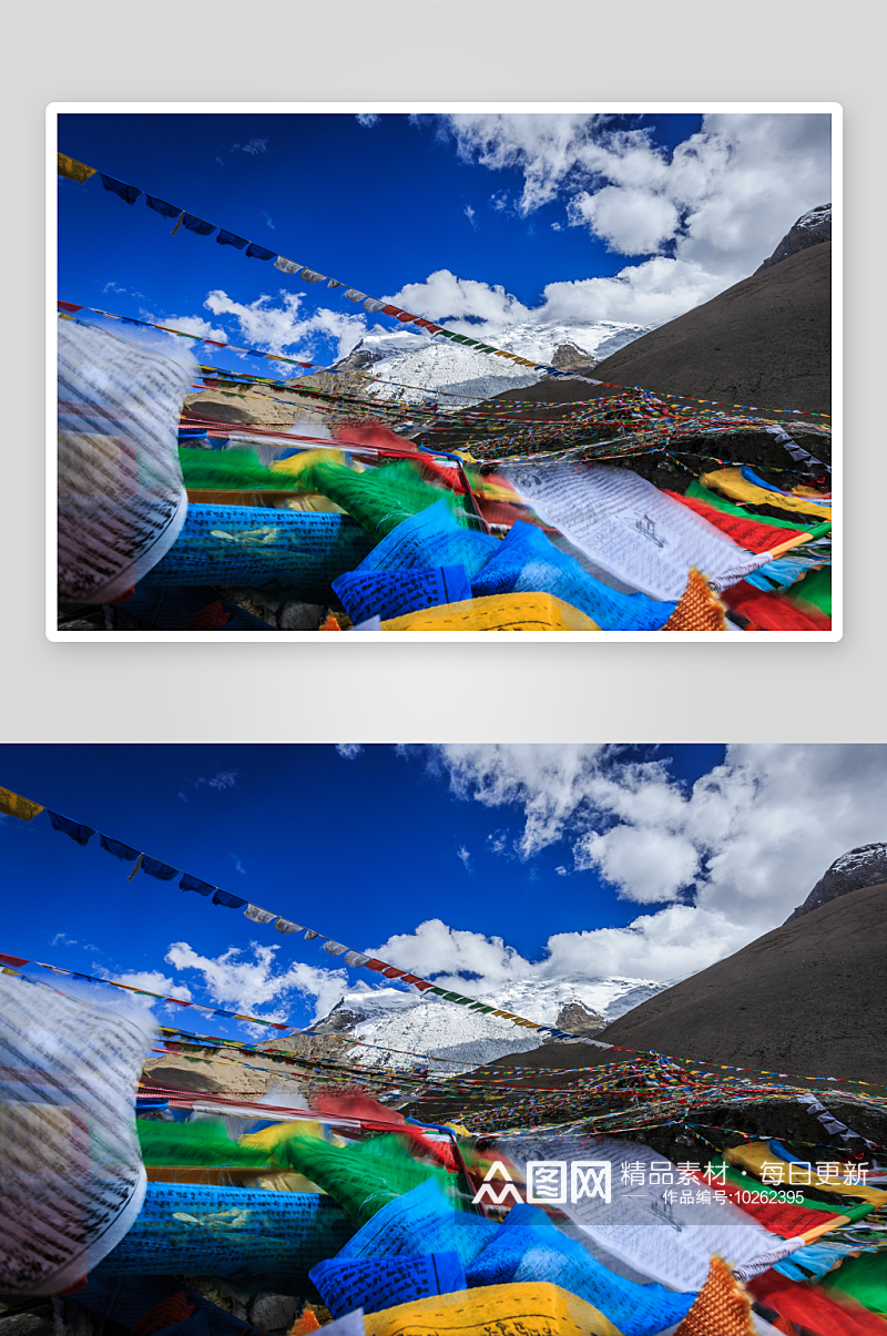西藏高原雪上上飘动的经幡素材