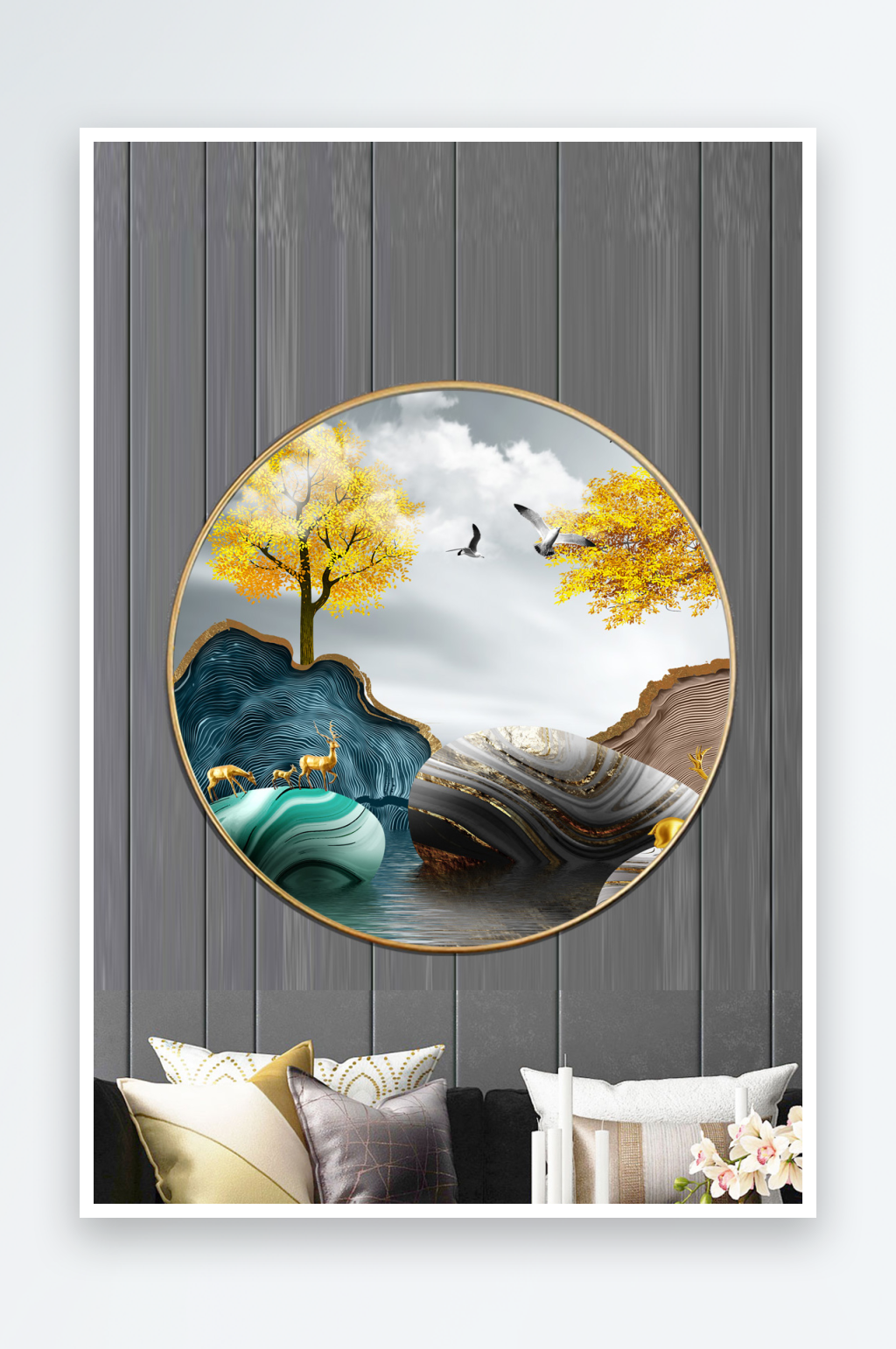 湖泊石头风景画圆形挂画装饰画素材