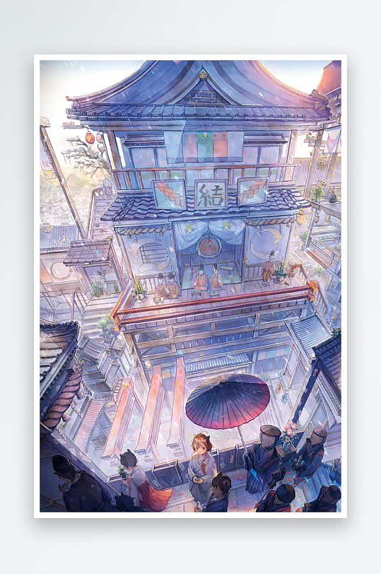水彩日式动漫场景背景图片素材