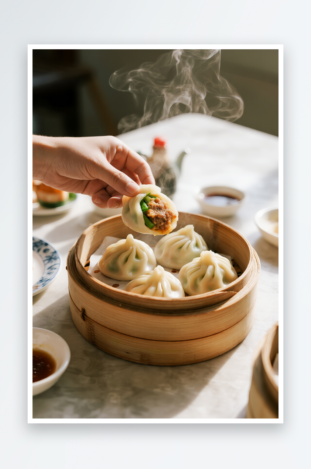 餐桌上摆放一笼猪肉大葱小笼包素材