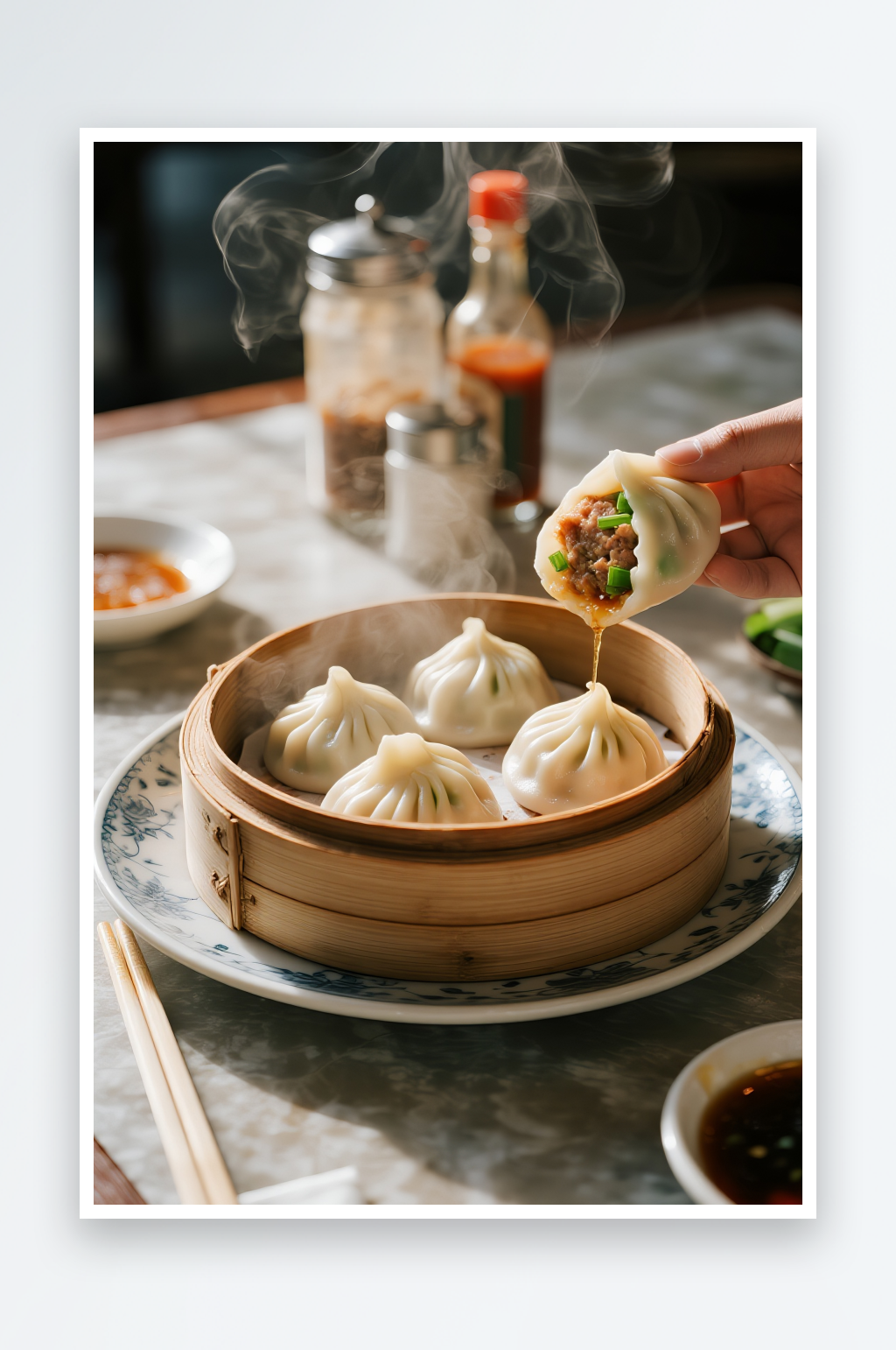 一笼猪肉大葱小笼包高清图片素材