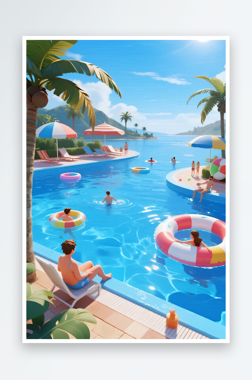 卡通夏日泳池派对风景画插画素材