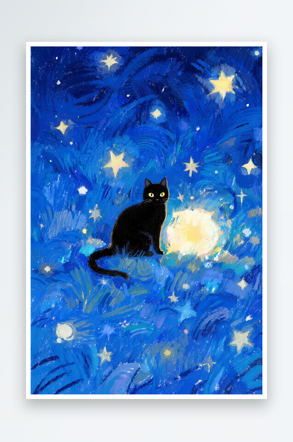 小黑猫蓝色星空水彩图片素材