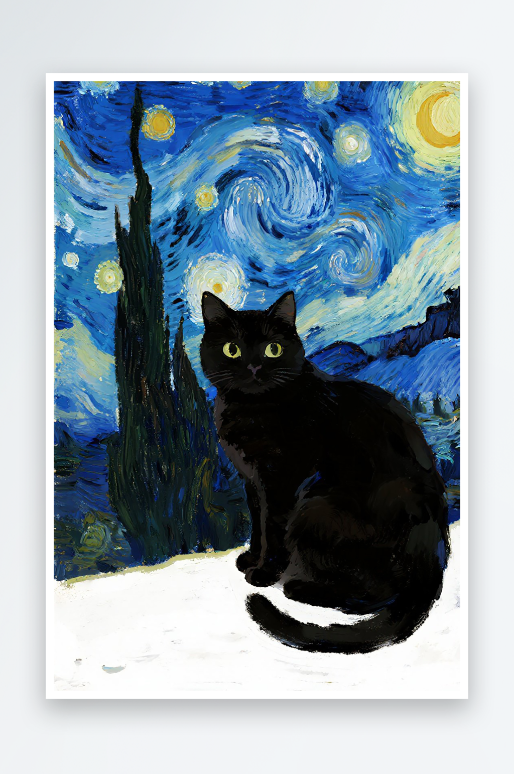 小黑猫蓝色星空水彩图片素材